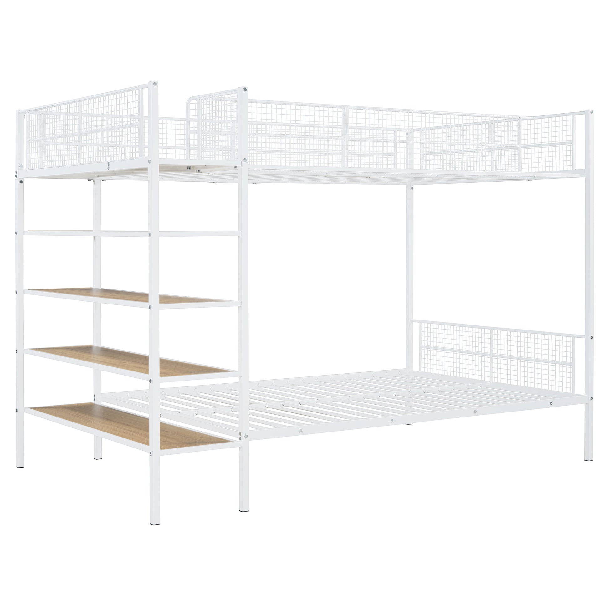 White metal bunk bed with ladder and builtin shelves