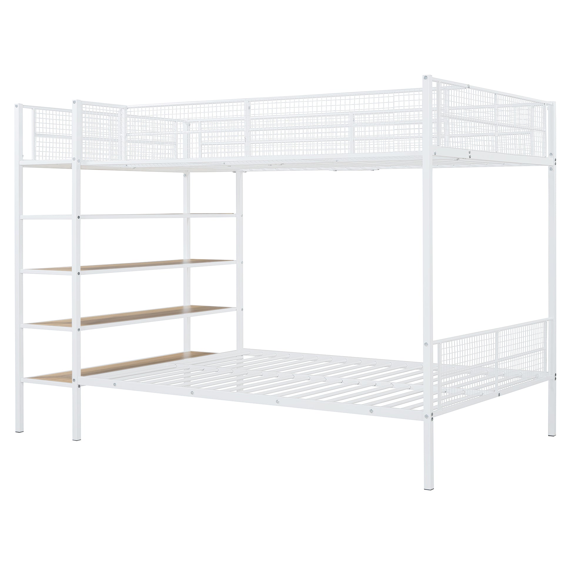 White metal twin over twin bunk bed with builtin shelving