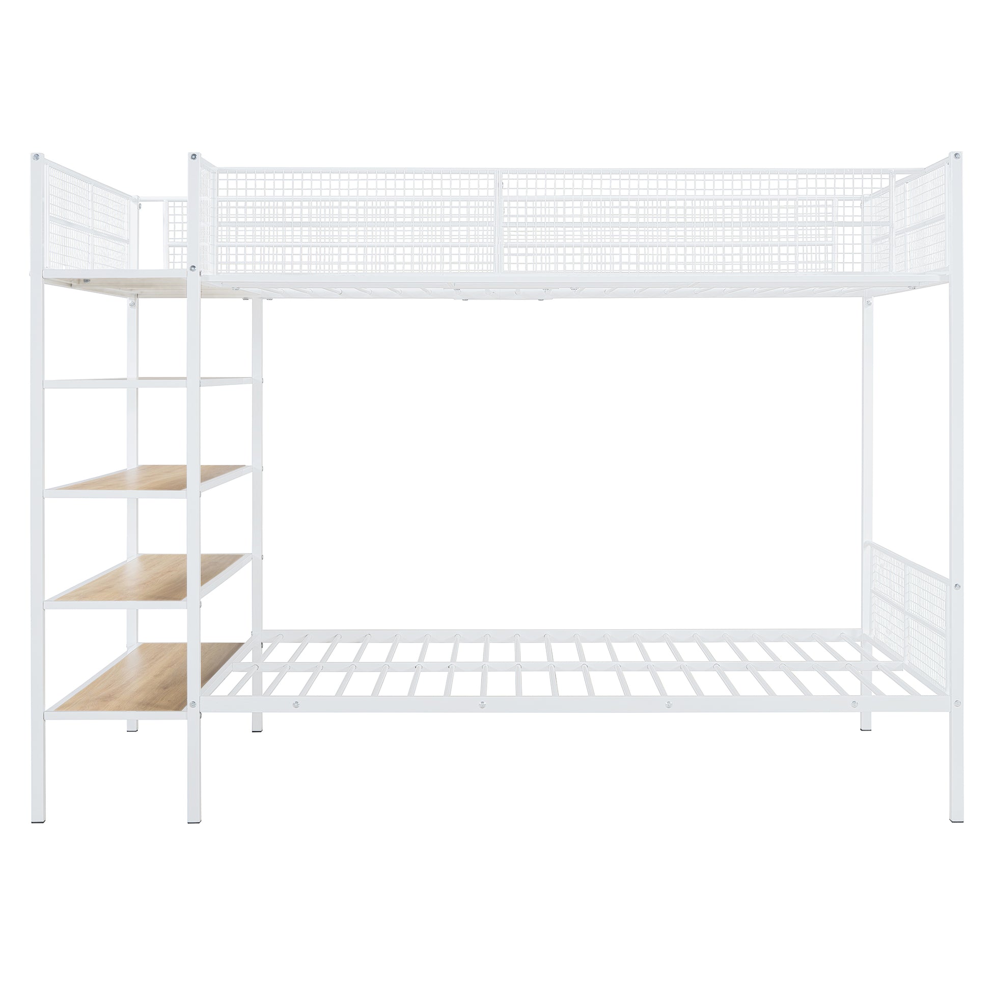 White metal bunk bed with builtin ladder and storage shelves