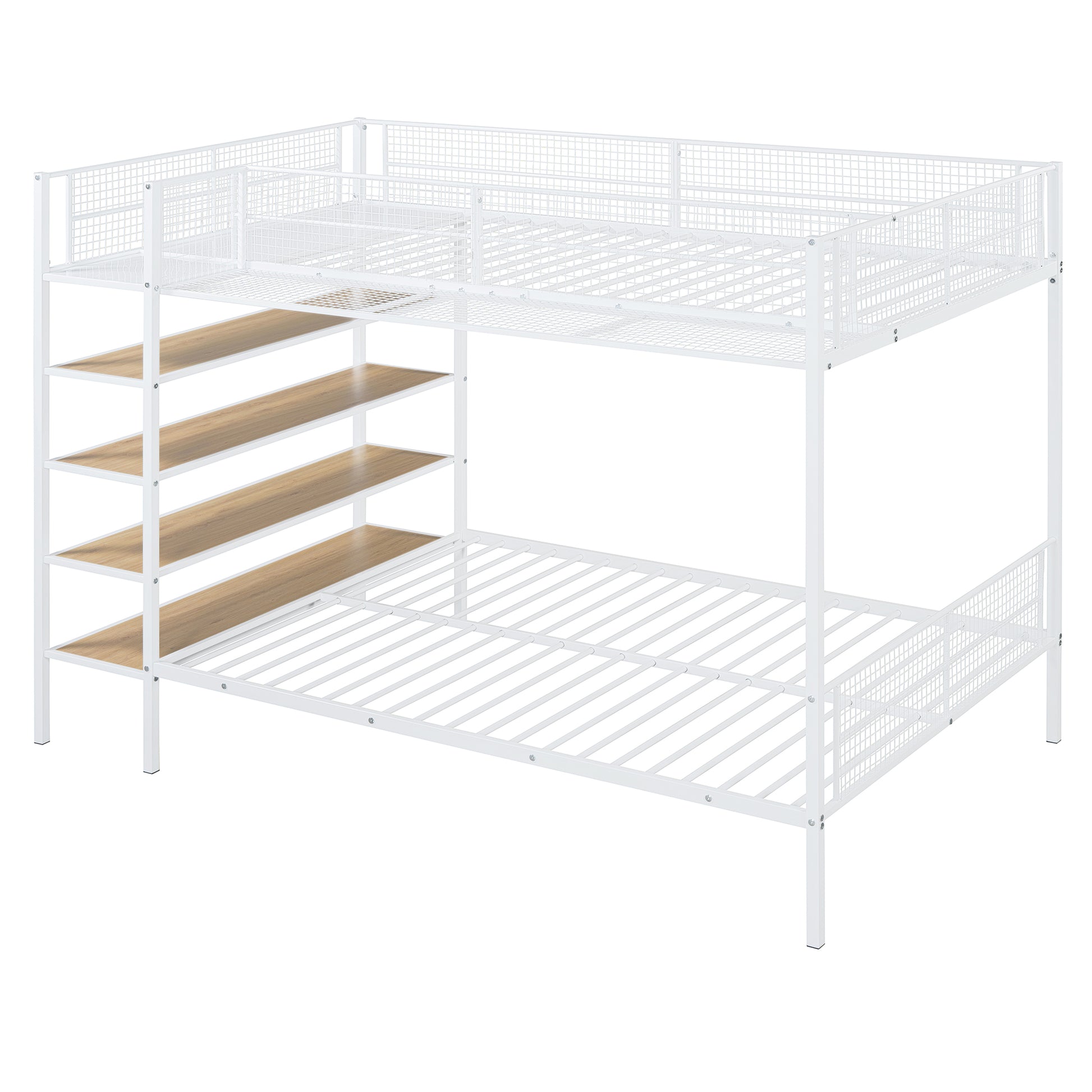 White metal twin over twin bunk bed with wooden ladder shelves