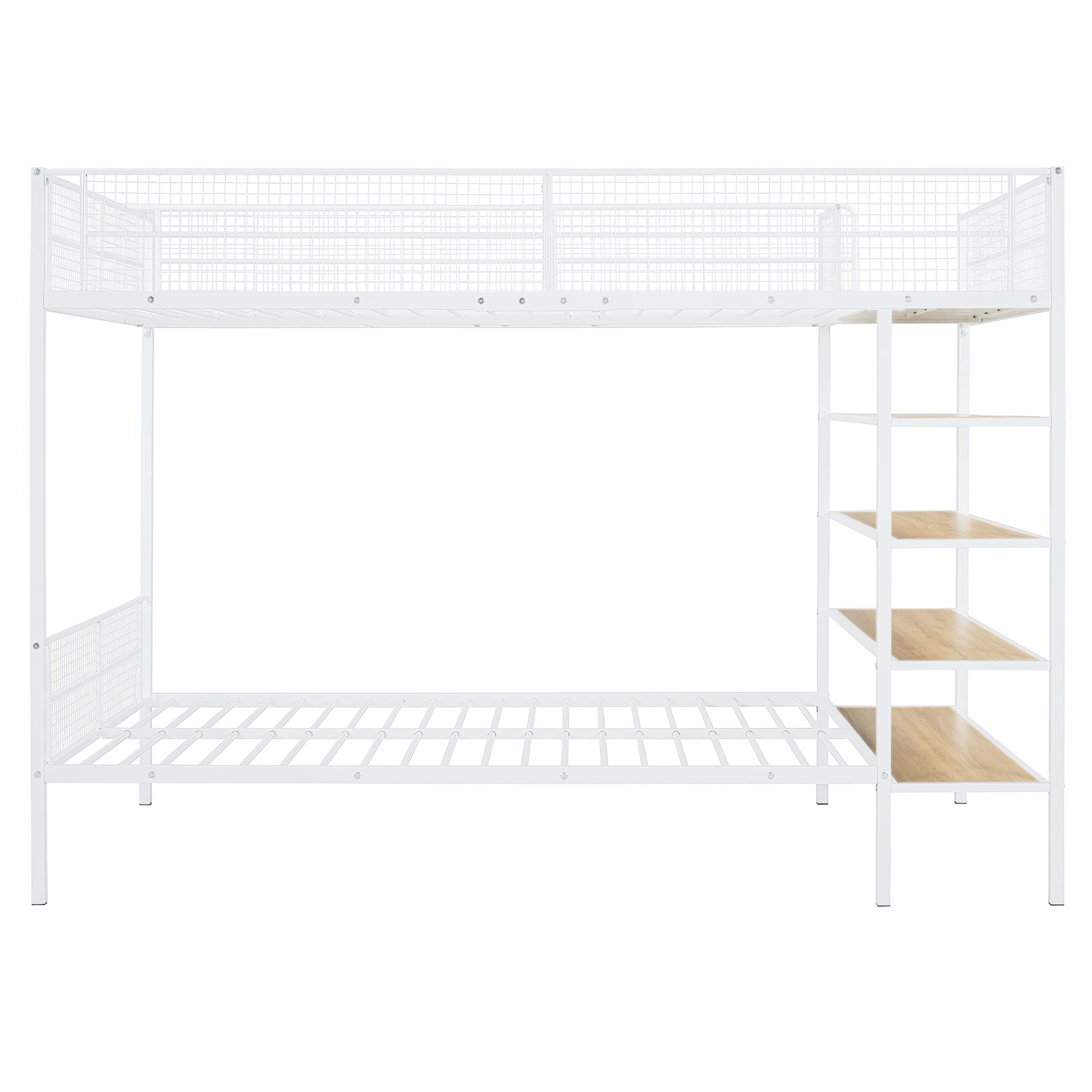 White metal bunk bed with integrated shelves