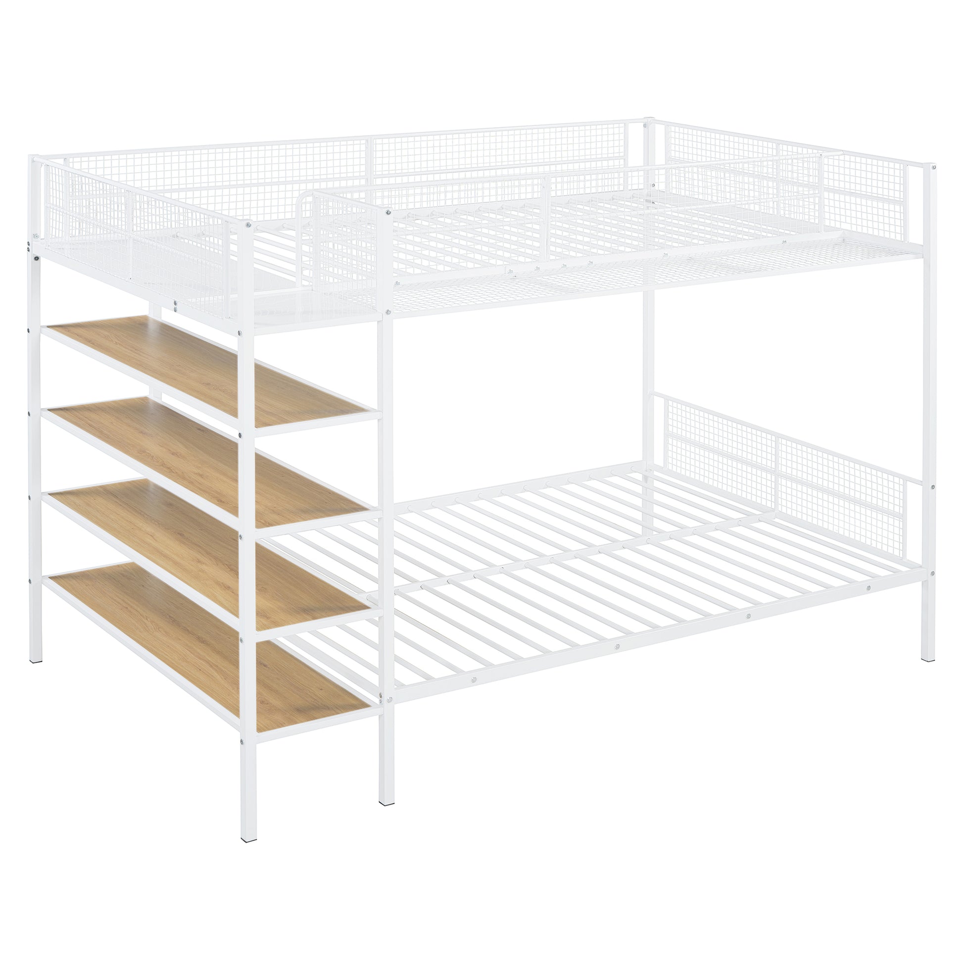 White metal bunk bed with integrated woodlook shelves for kids room