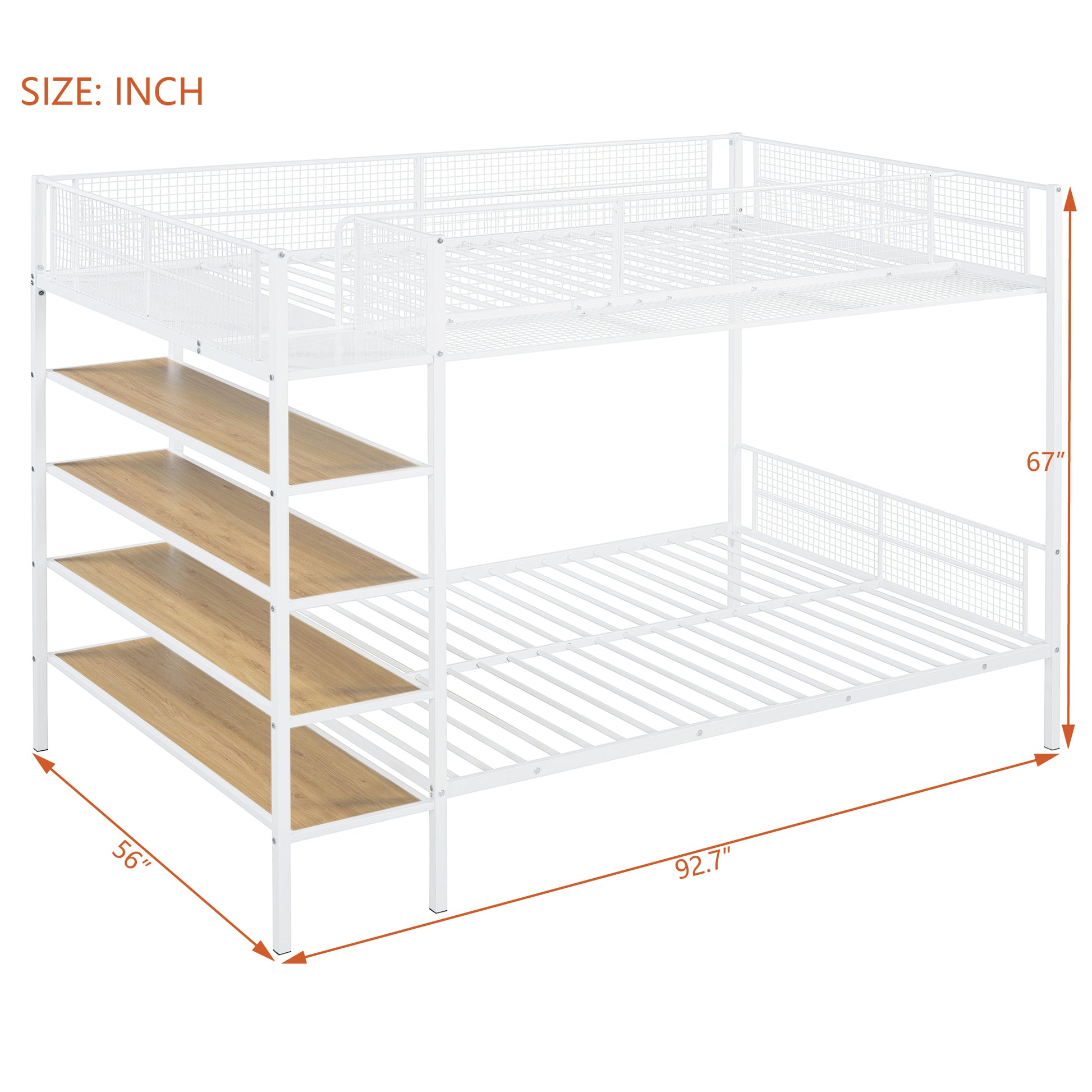 White metal bunk bed with woodtone shelves and ladder ideal for kids rooms