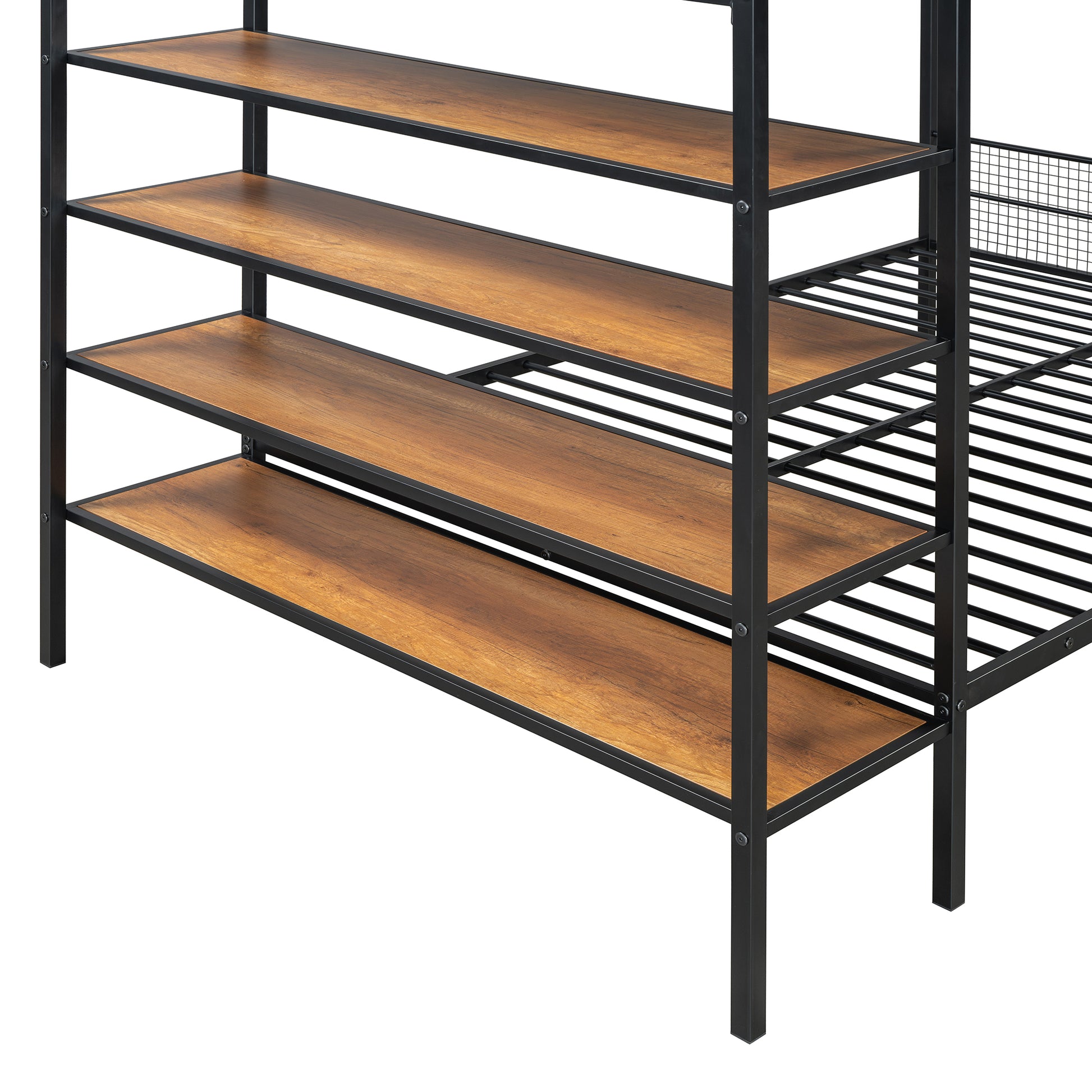 Rustic brown wood shelf unit with black metal frame