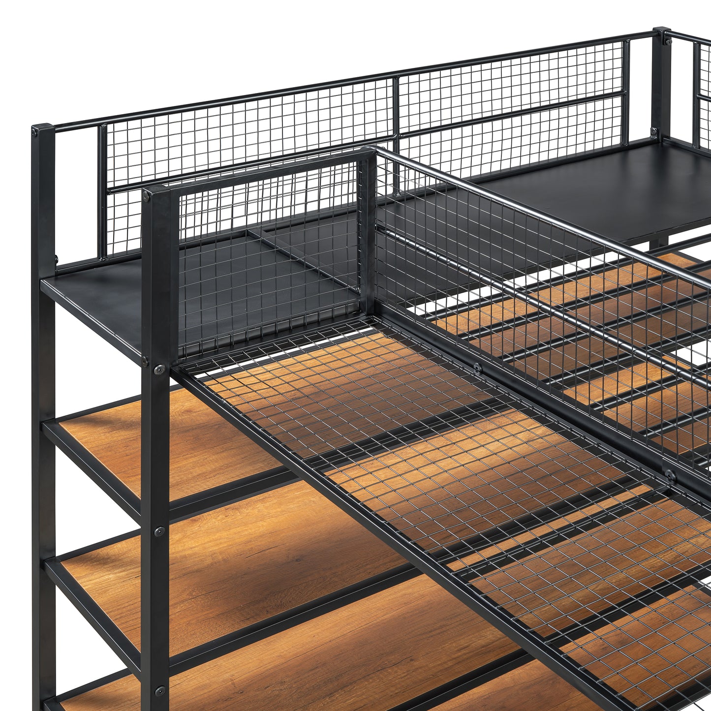 Industrial style metal and wood bunk bed frame with safety rails