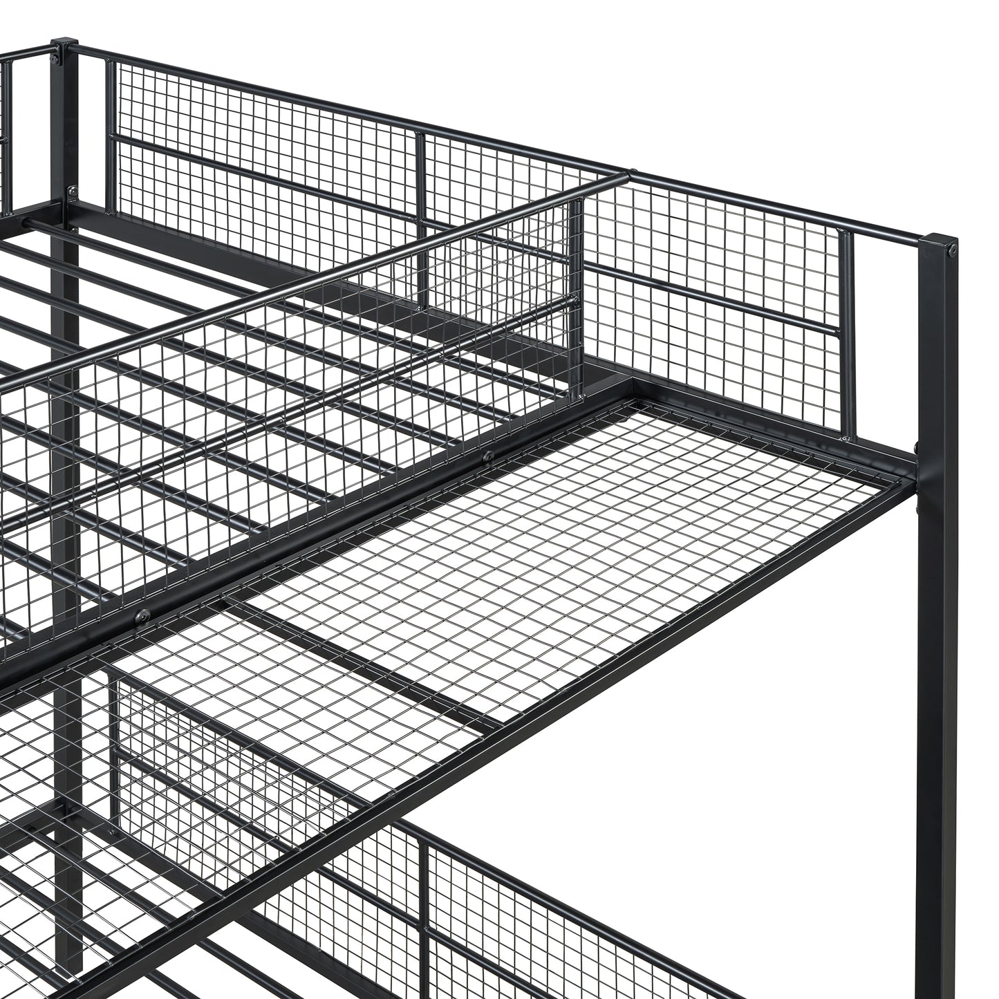 Black metal bunk bed frame with wire mesh mattress support