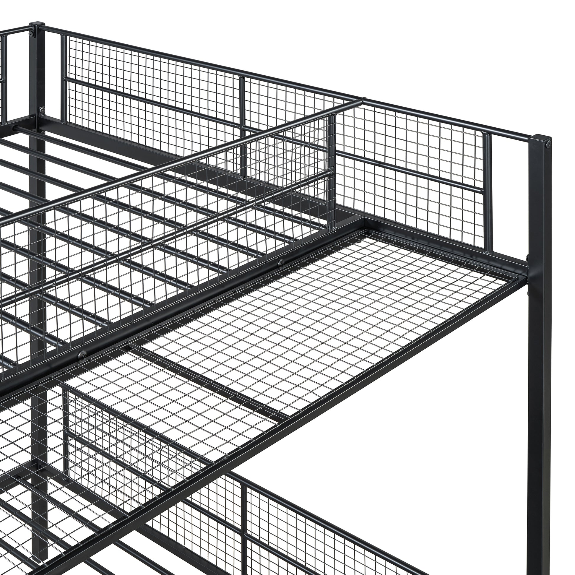 Black metal bunk bed frame with wire mesh mattress support