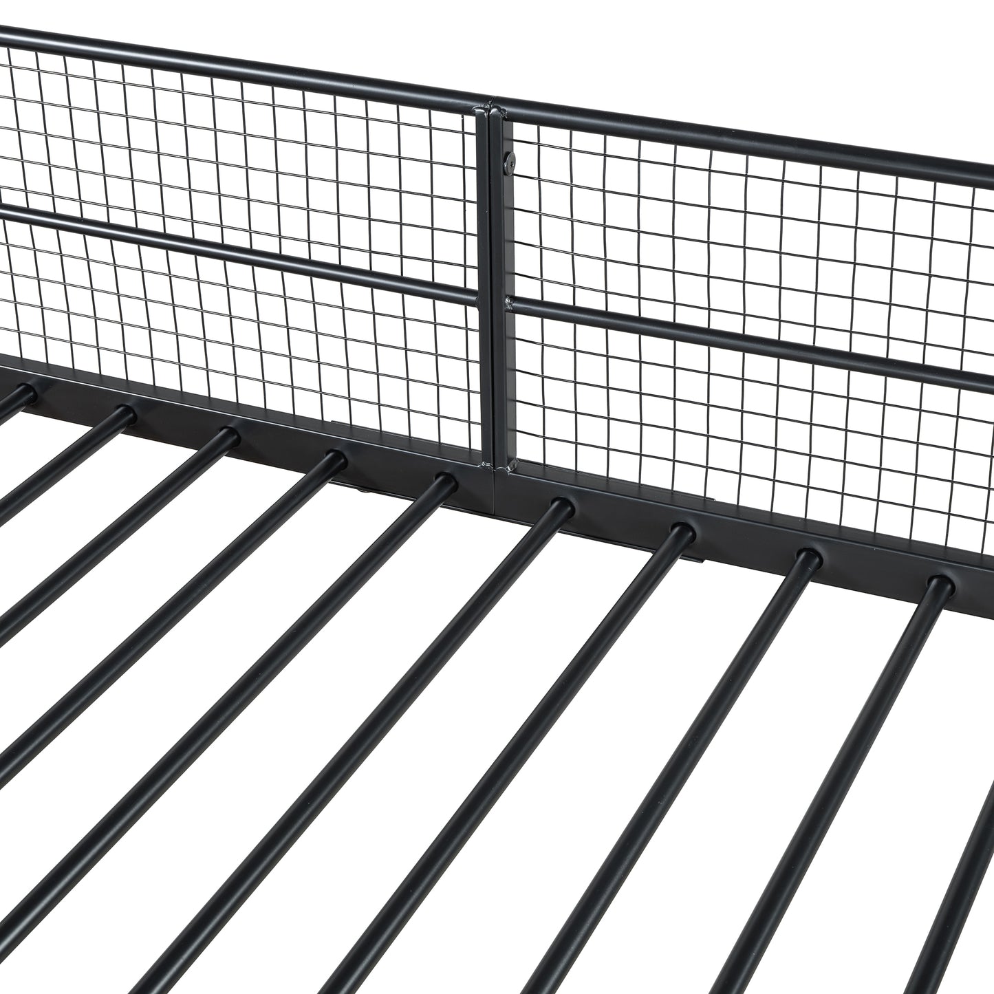 Black metal twin bed frame with wire mesh headboard and metal slat support