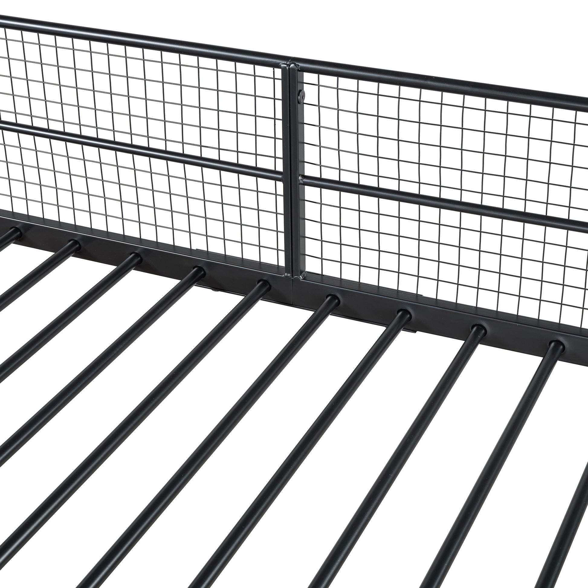 Black metal twin bed frame with wire mesh headboard and metal slat support