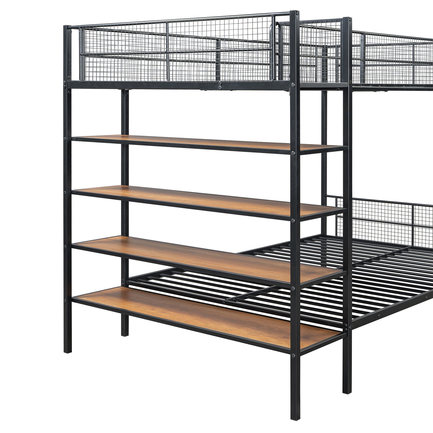 Black metal bunk bed with integrated wood shelves