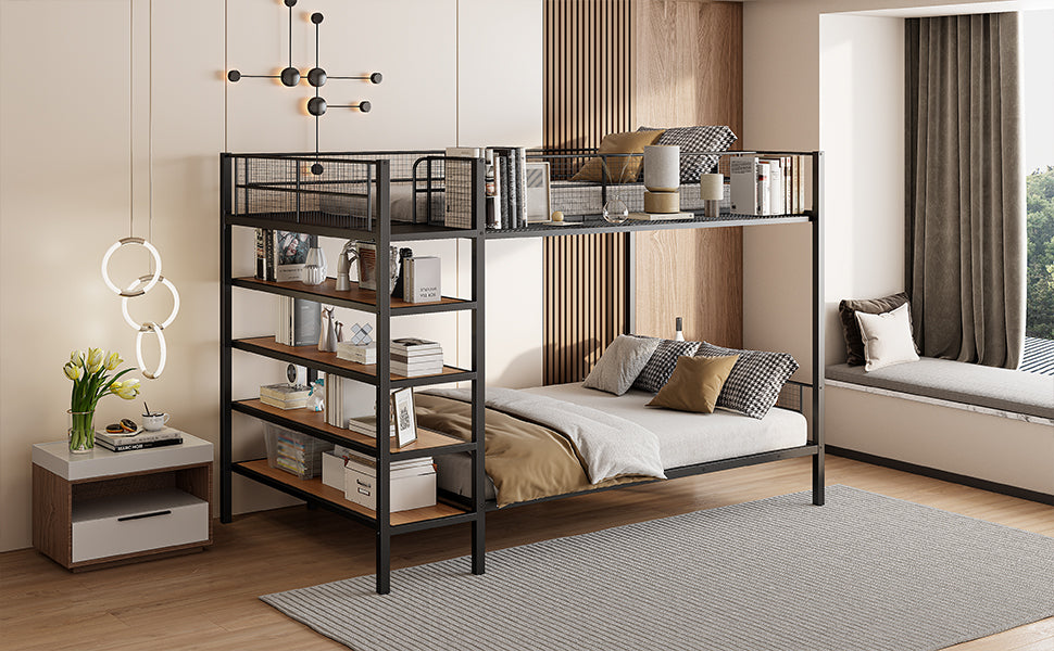 Black metal bunk bed with wooden shelves and bedding