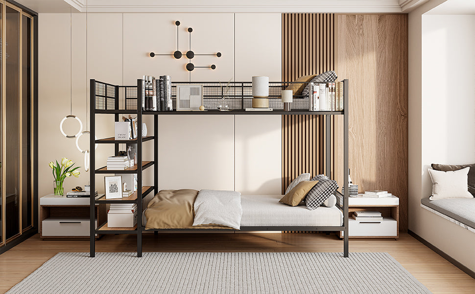 Black metal bunk bed with wood shelves and modern bedding