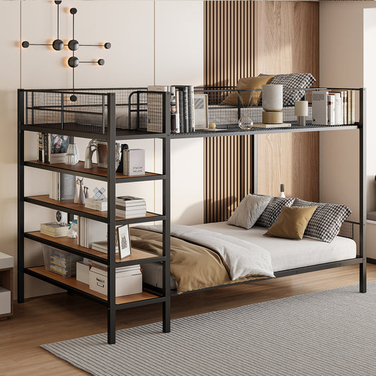Black metal frame bunk bed with integrated shelving and bedding