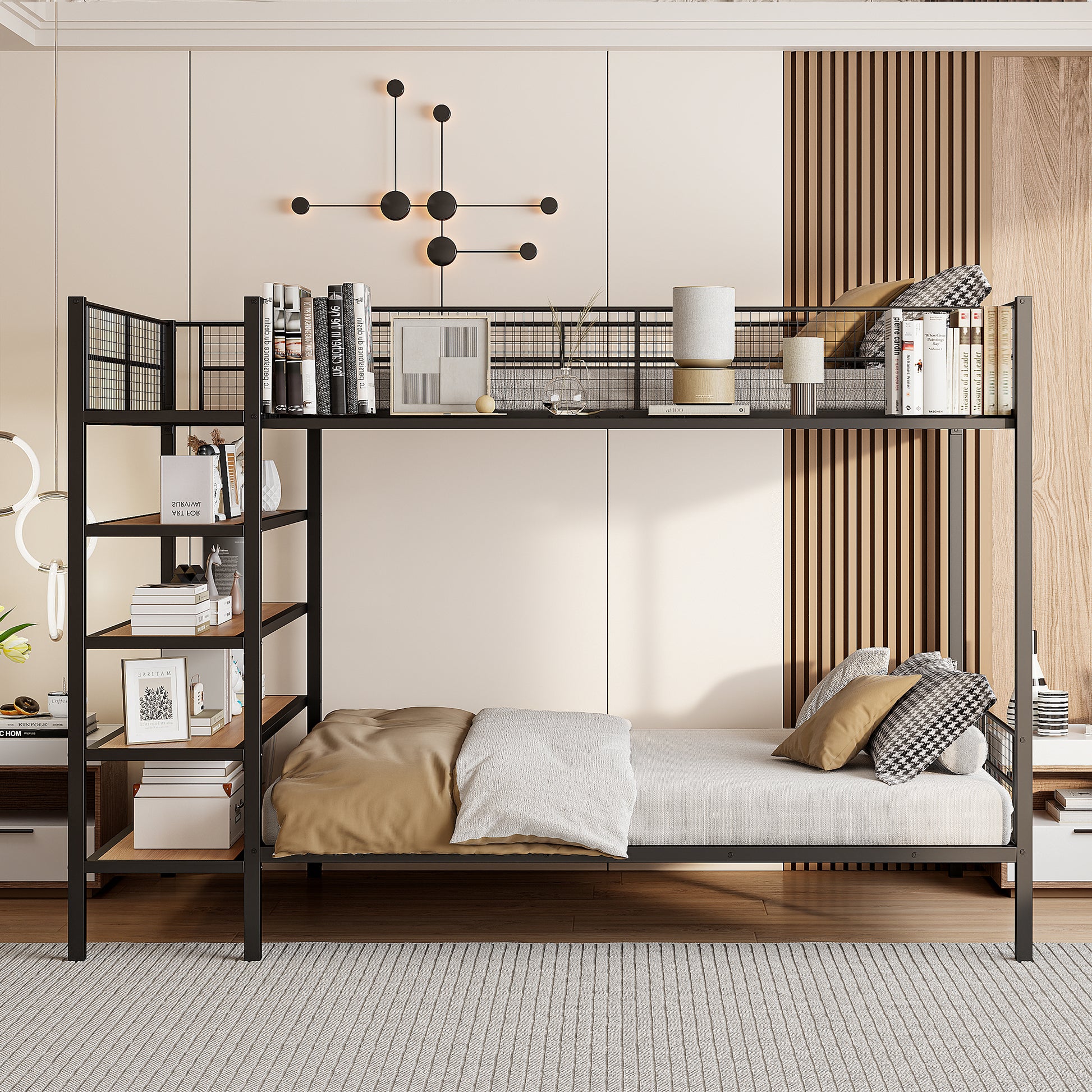 Black metal loft bed with wooden shelves and grey mattress