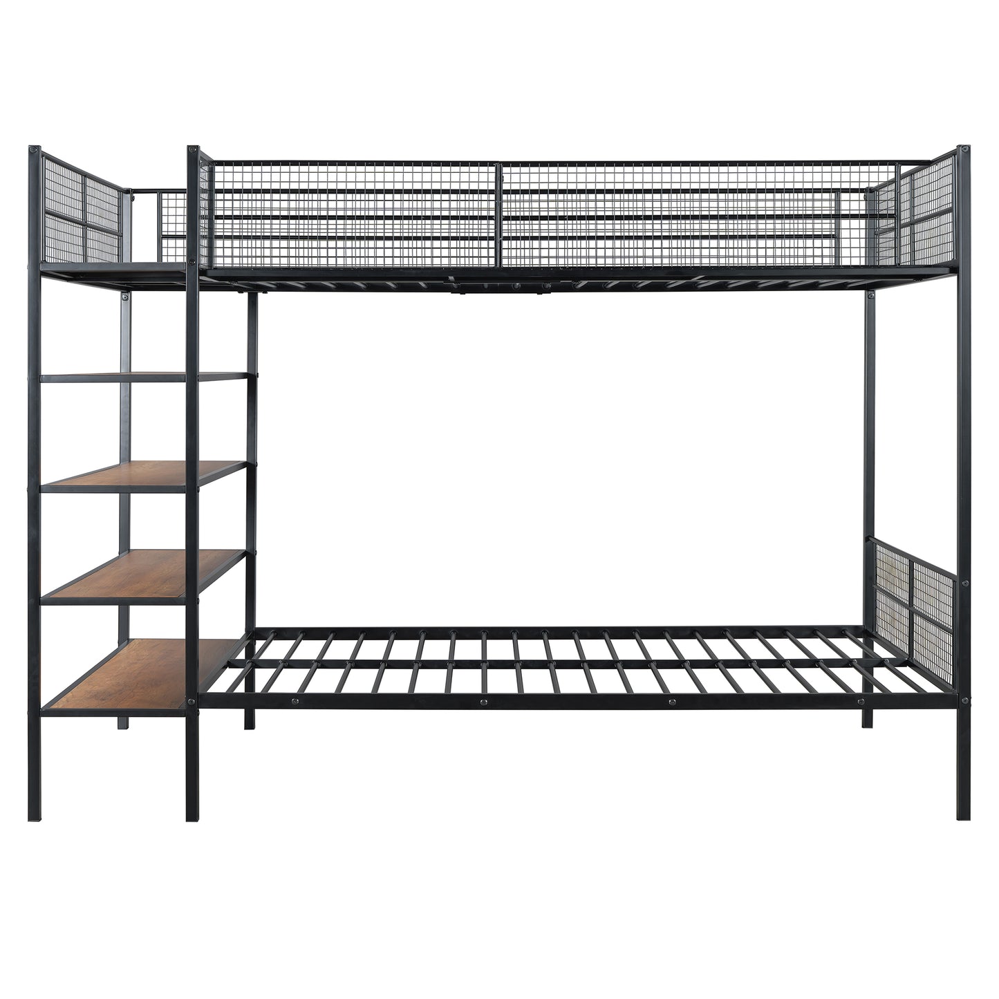 Black metal bunk bed with wooden shelves