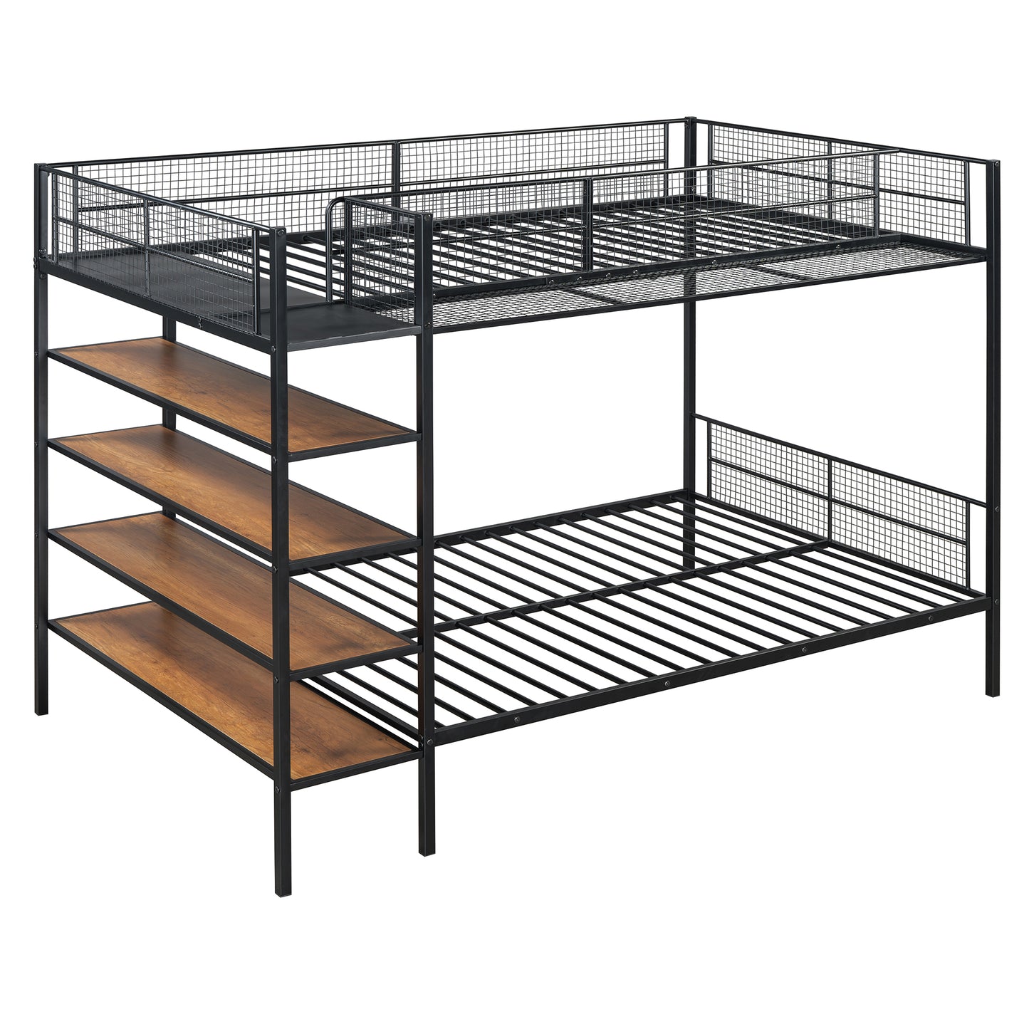 Black metal loft bed with wood shelves and mesh guardrails