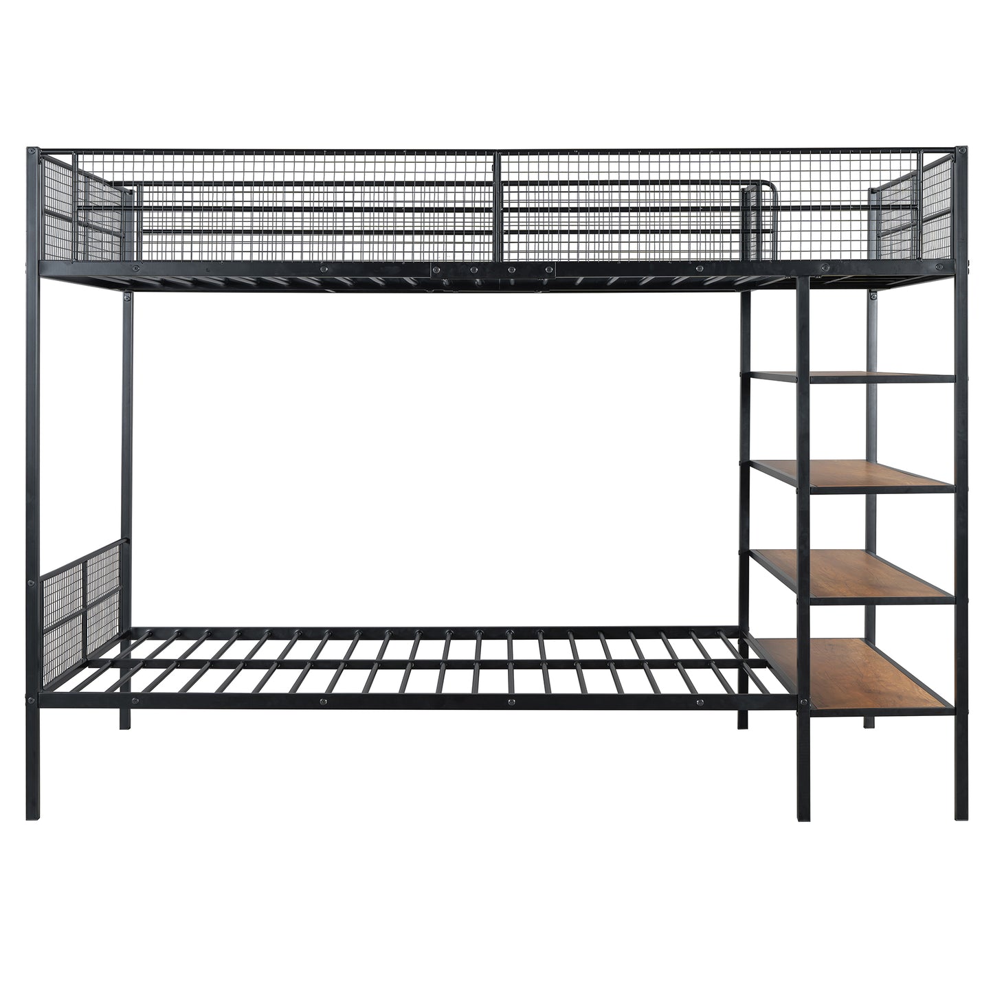 Black metal bunk bed with industrial grid design and wood shelves