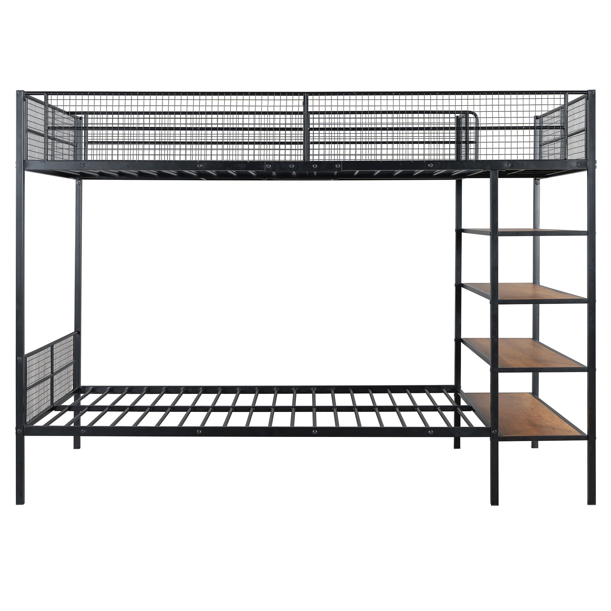 Black metal bunk bed with industrial grid design and wood shelves