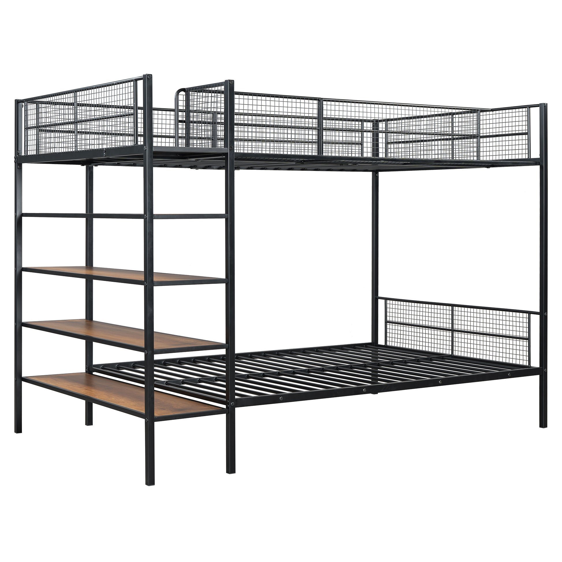 Black metal bunk bed with wooden shelves and caged guardrails