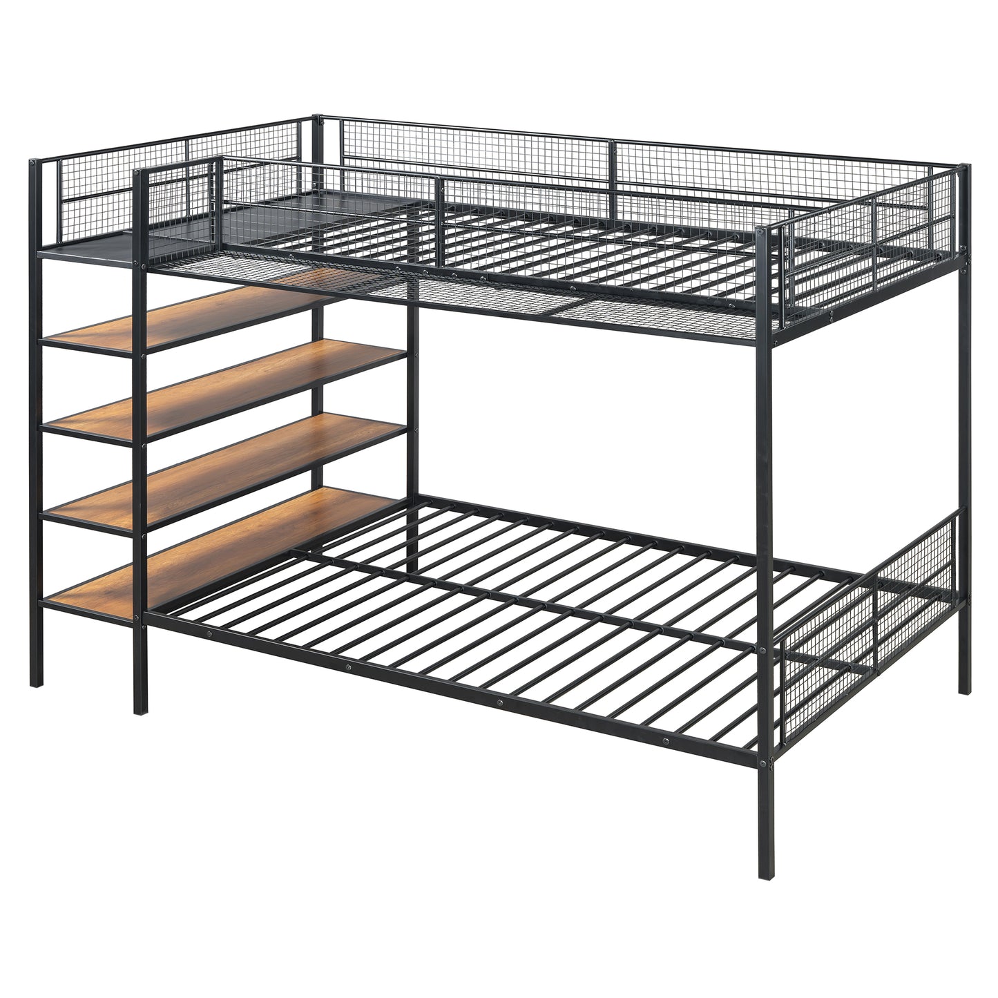 Black metal bunk bed with wood shelves