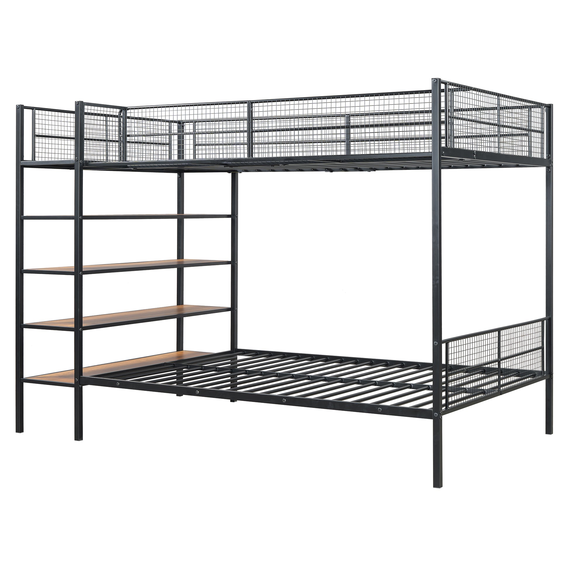 Gray metal twin over twin bunk bed with wood shelves