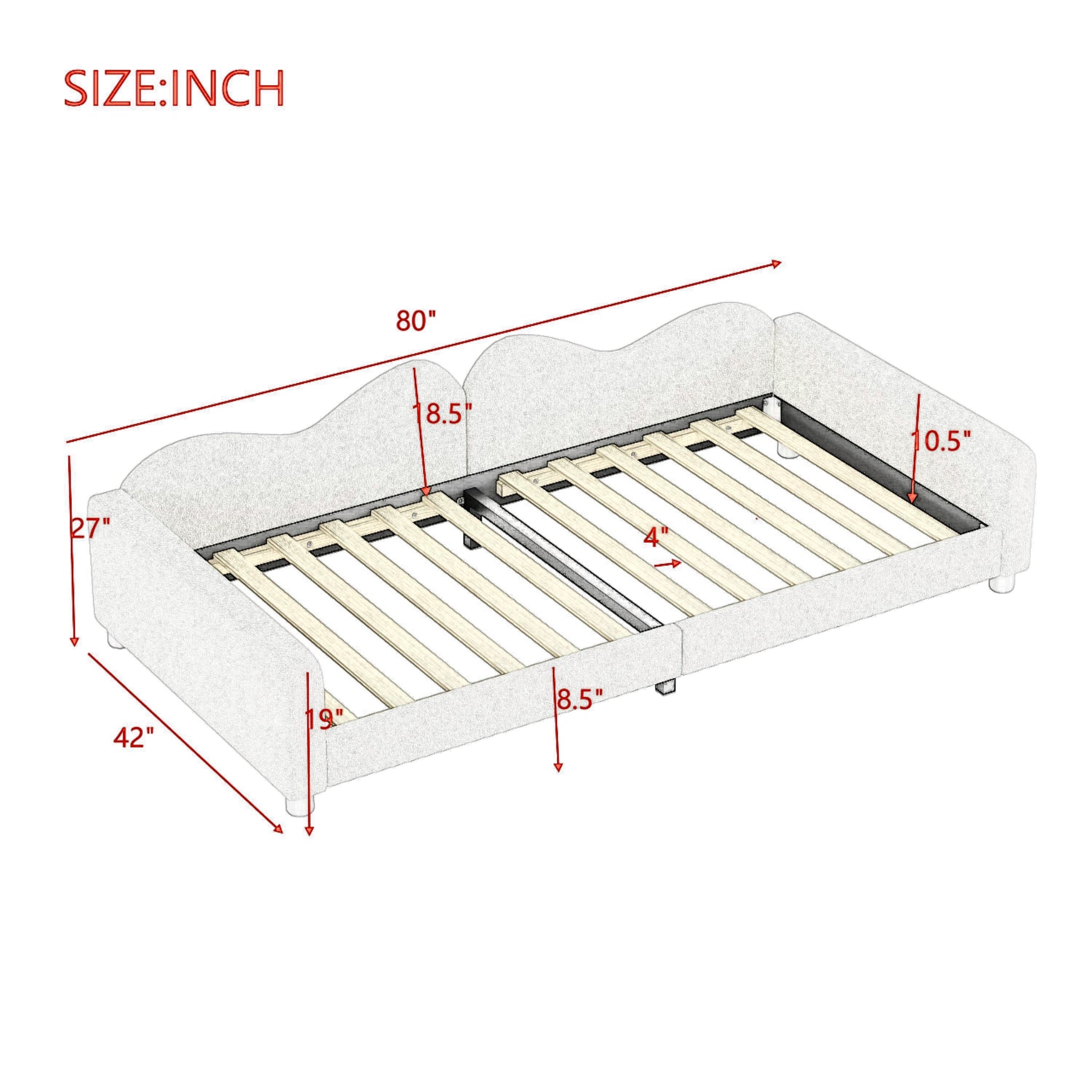 Upholstered twin daybed frame with curved headboard