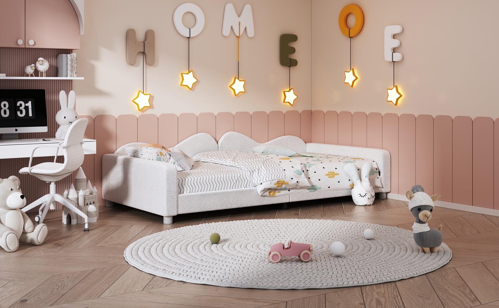 Cozy white tufted bed with playful cactusthemed bedding for a childs room