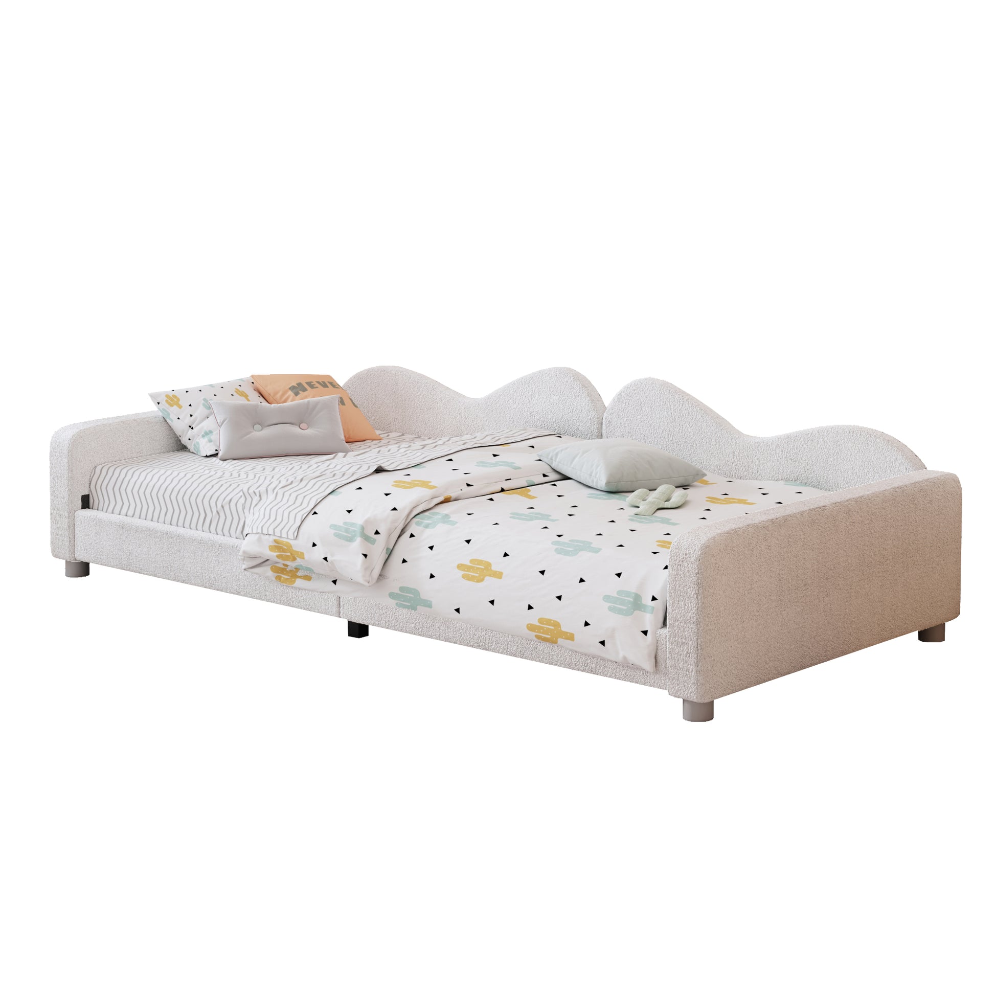 White textured twin bed with playful cactus bedding and wave headboard