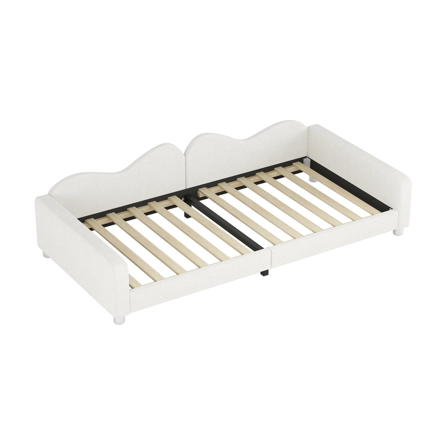 White upholstered twin daybed with curved headboard and wooden slats