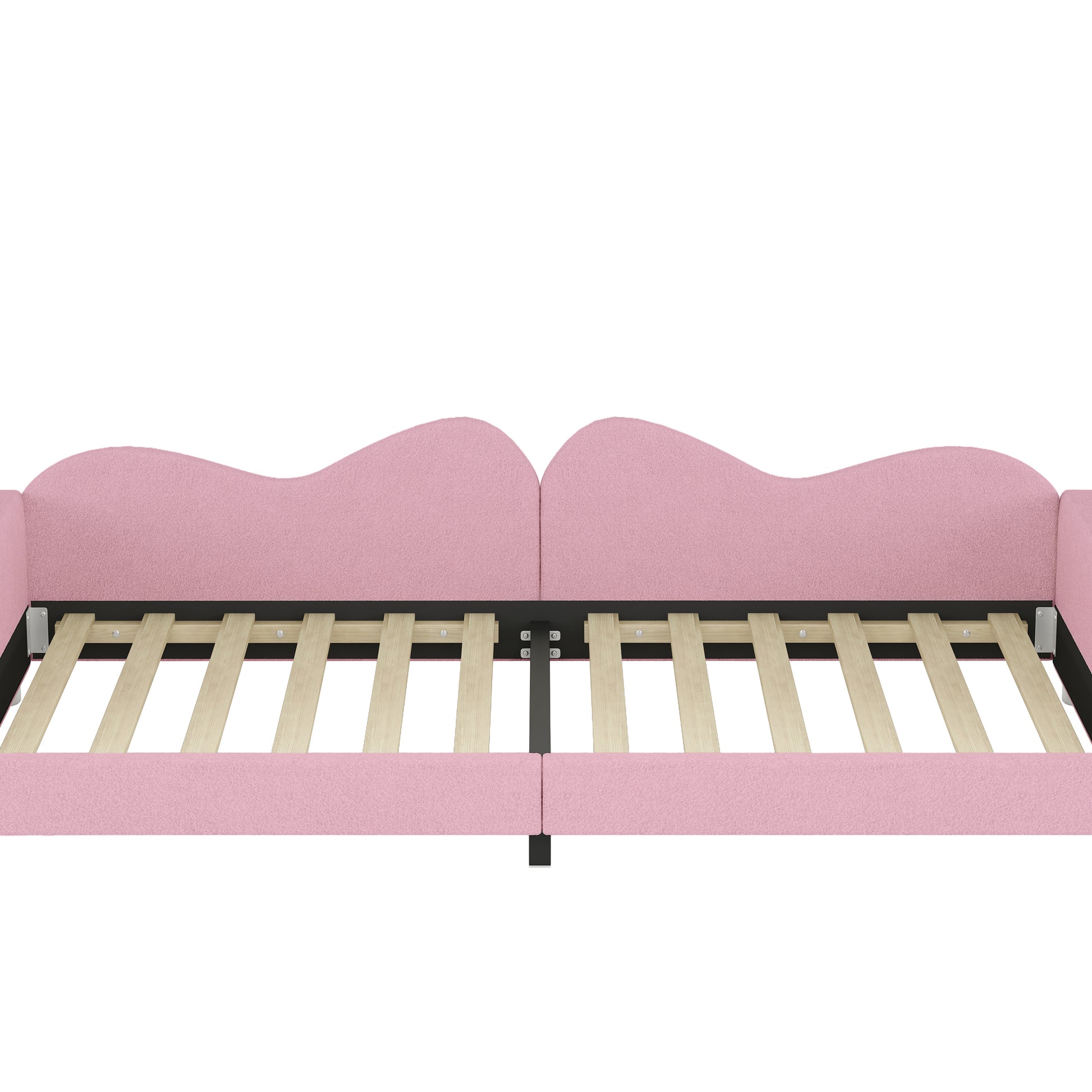 Pink upholstered daybed frame with wooden slats and curved headboard design
