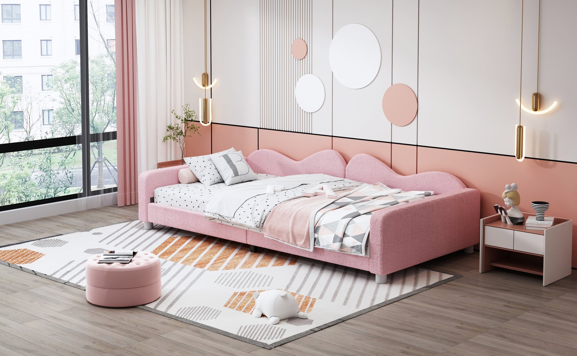 Pink boucle upholstered twin bed with waveshaped headboard and geometric bedding