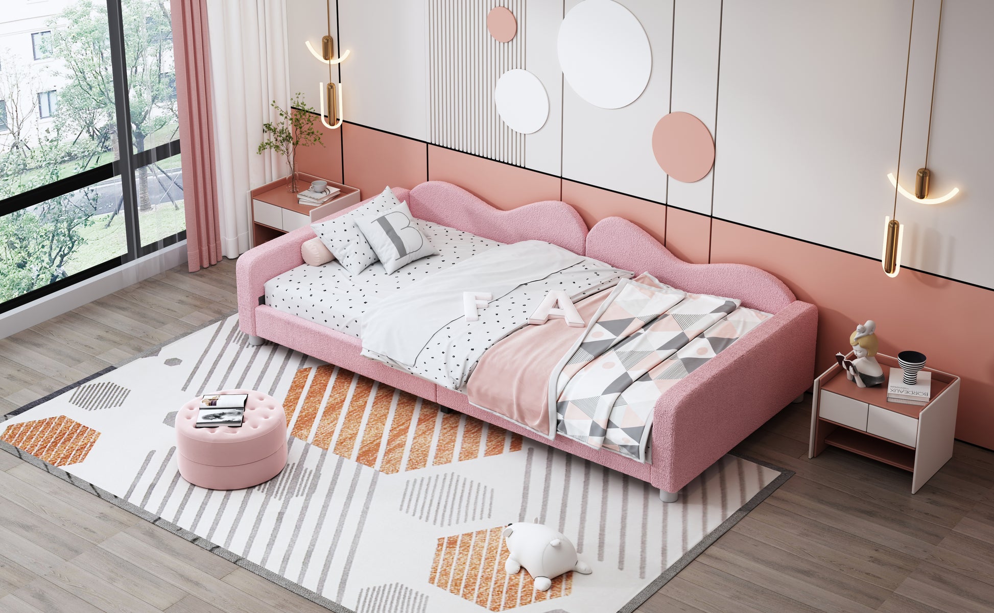 Pink boucl twin bed with white bedding and playful alphabet accents