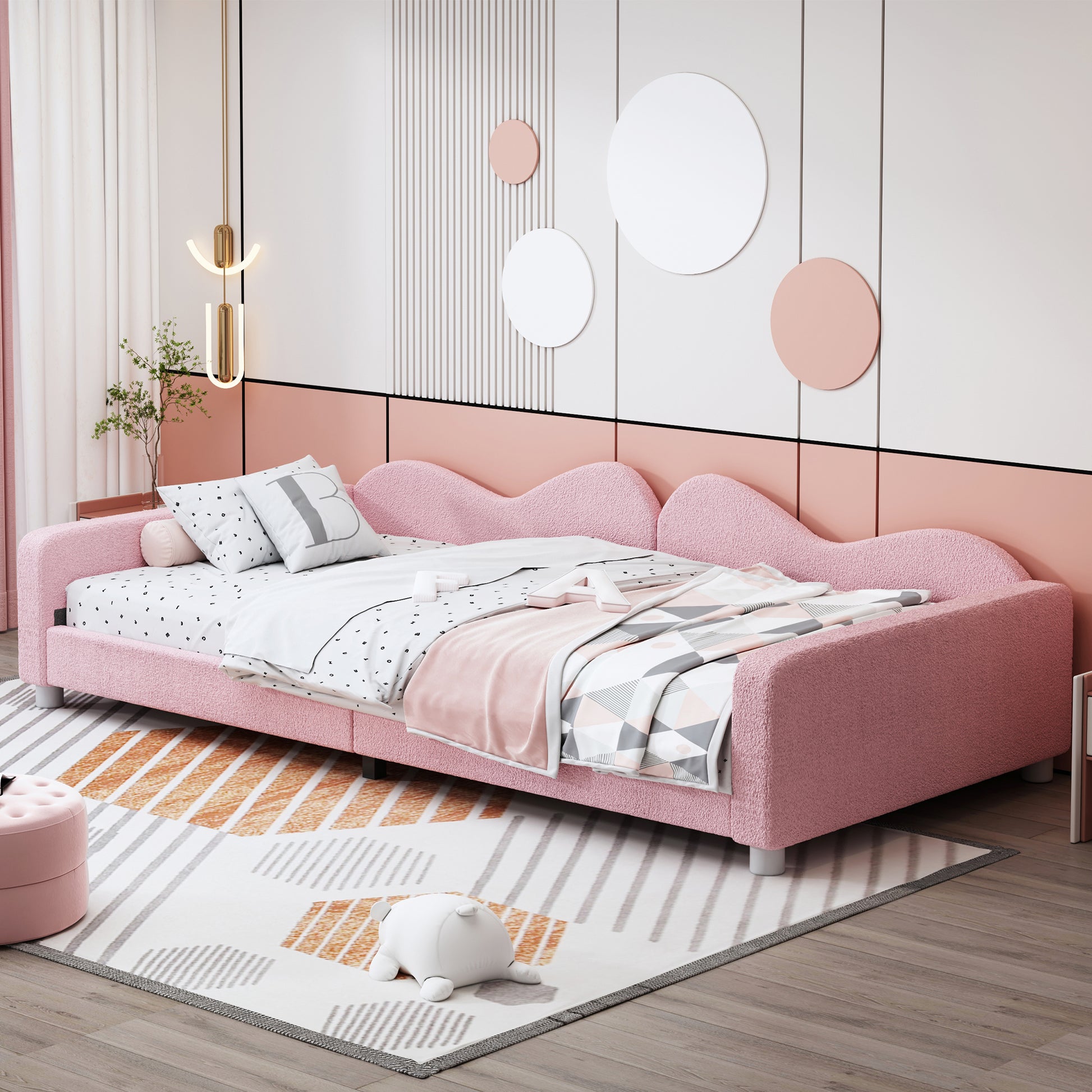 Pink textured twin bed with wavy headboard perfect for kids bedrooms