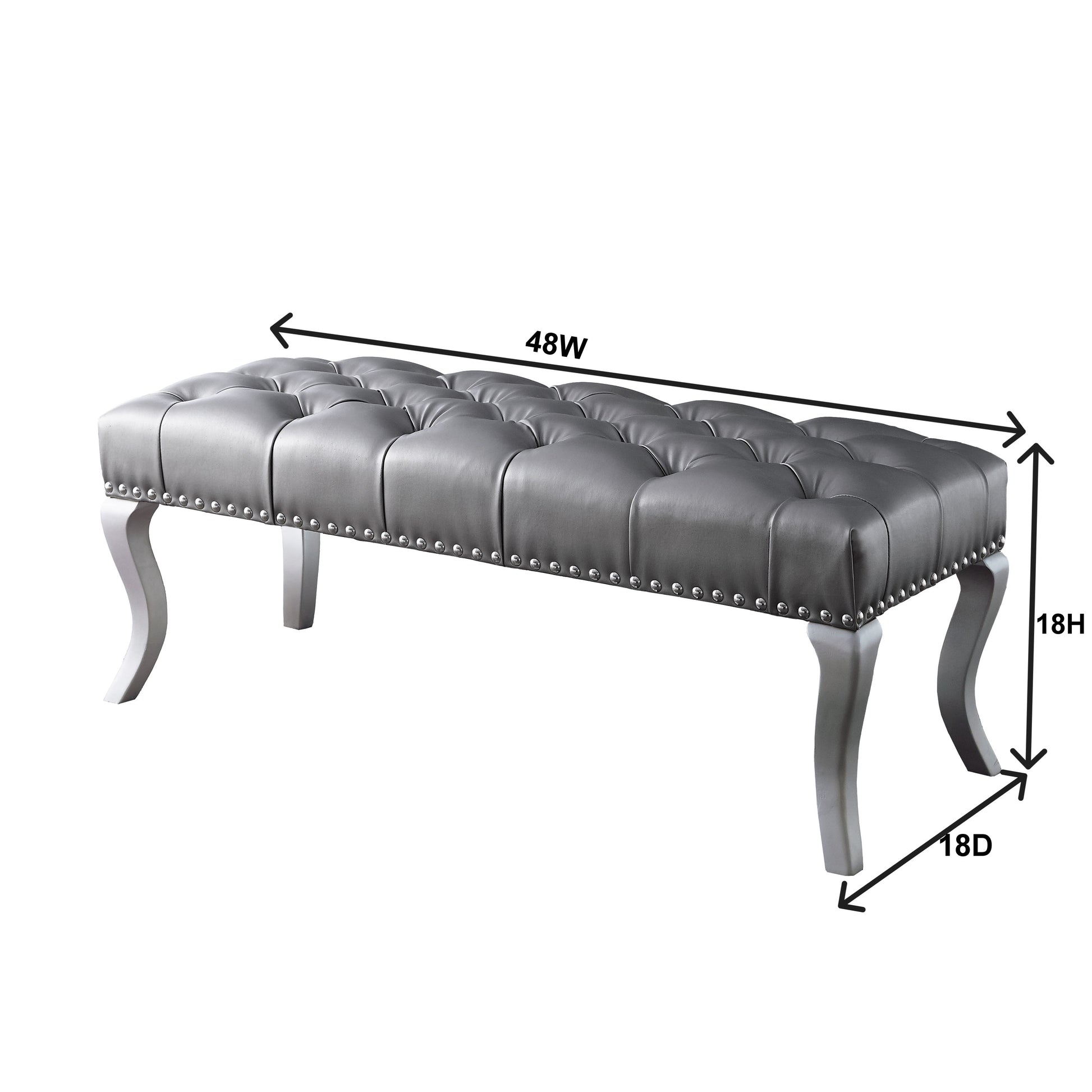 Gray tufted upholstered bench with silver nailhead trim and curved legs