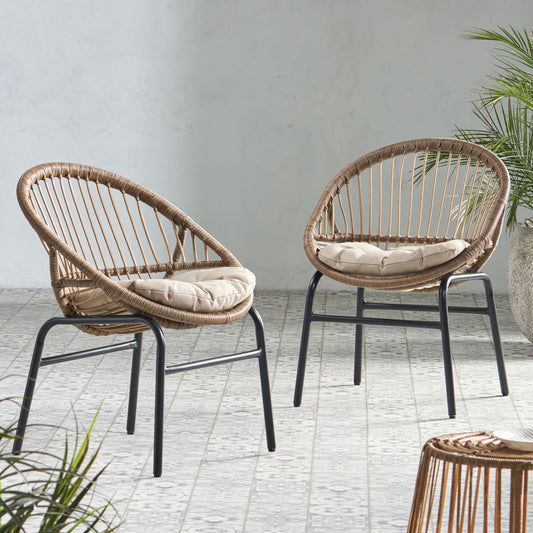 TREATLIFE HOME Set of 2 Outdoor Dining Chairs with Wicker Wrap Design and Water-Resistant Cushions, Light Brown and Beige