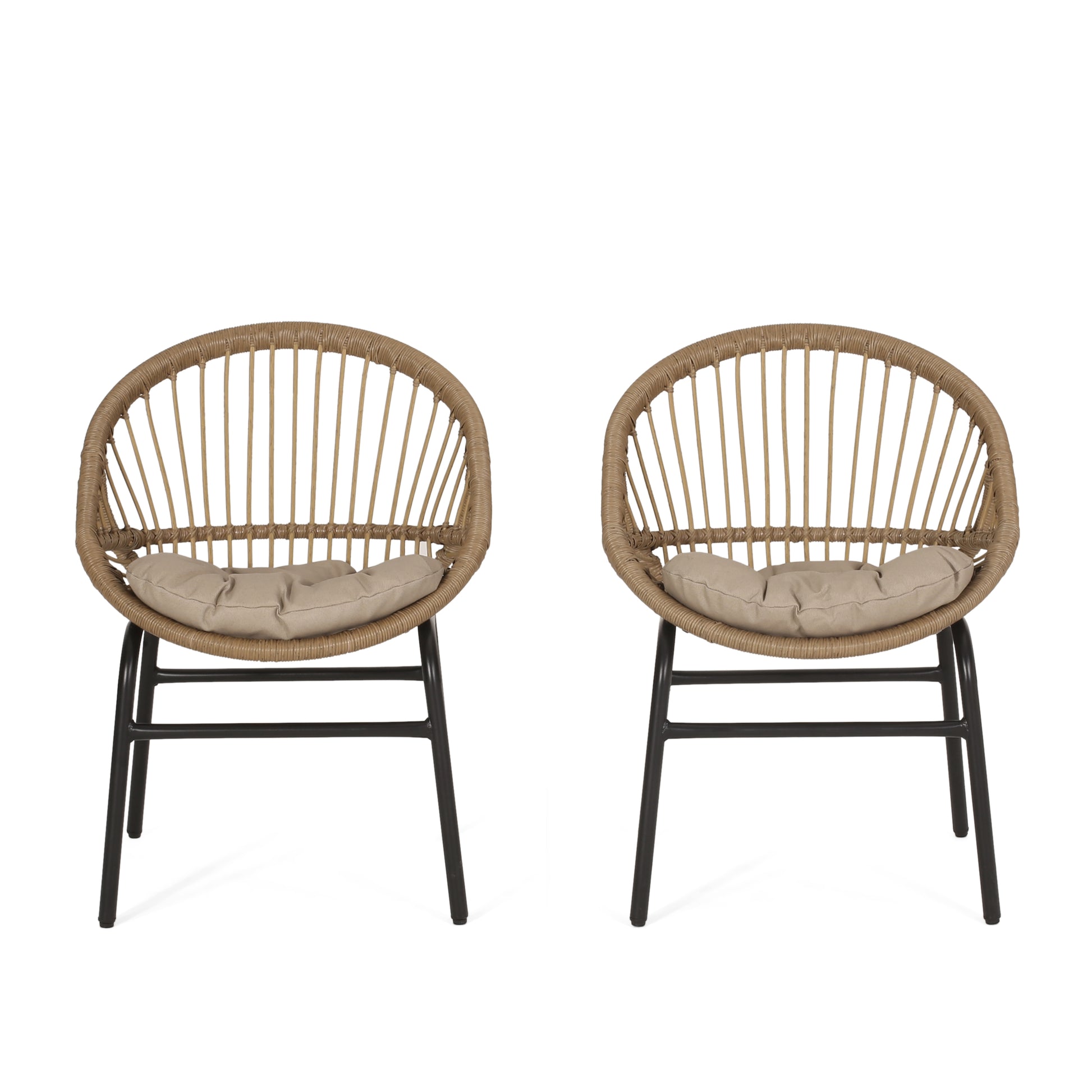 Woven rattan armchair with beige cushion and black metal legs
