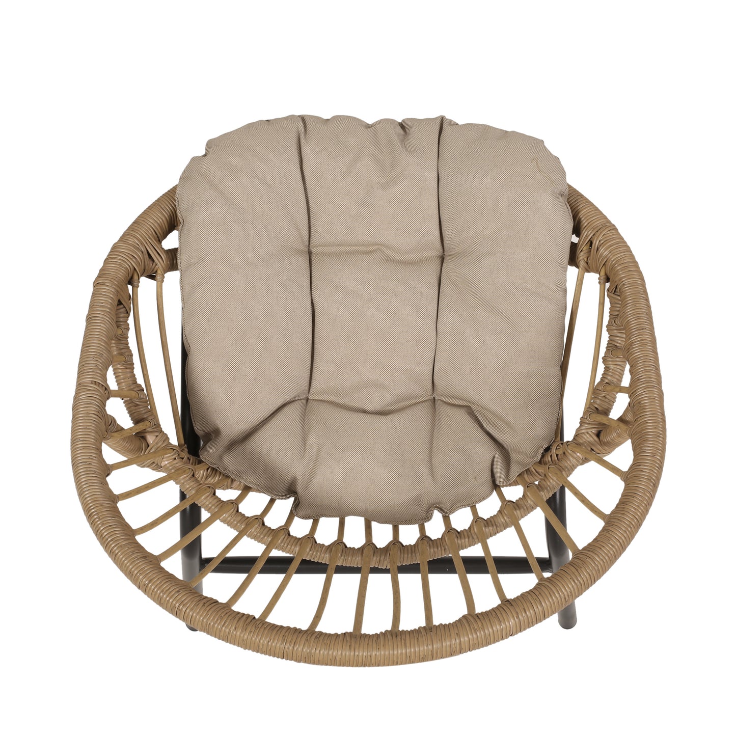 Round woven outdoor accent chair with plush beige cushion
