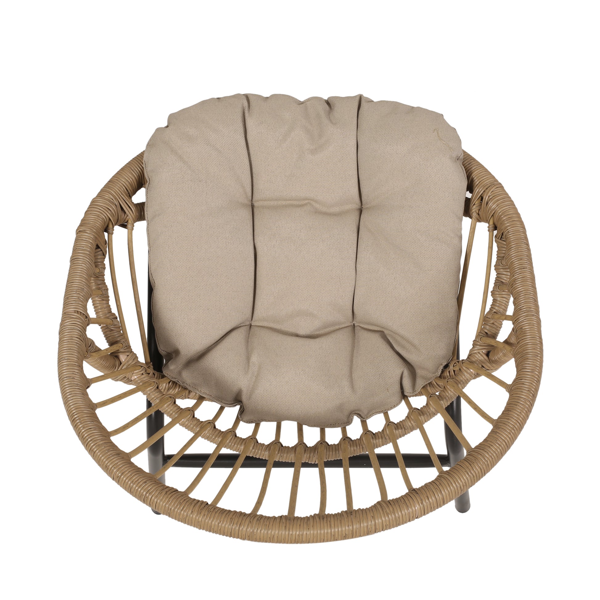 Round woven outdoor accent chair with plush beige cushion