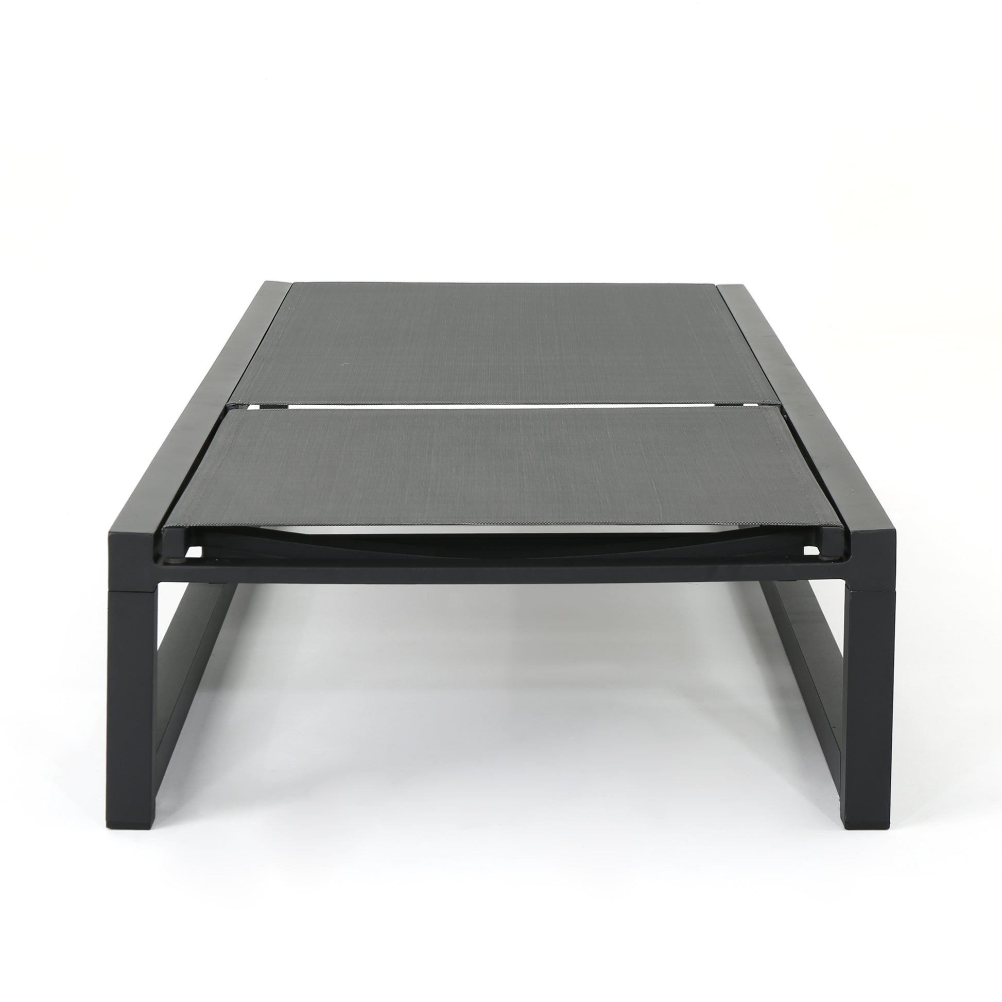 Sleek modern black aluminum outdoor coffee table with woven seat