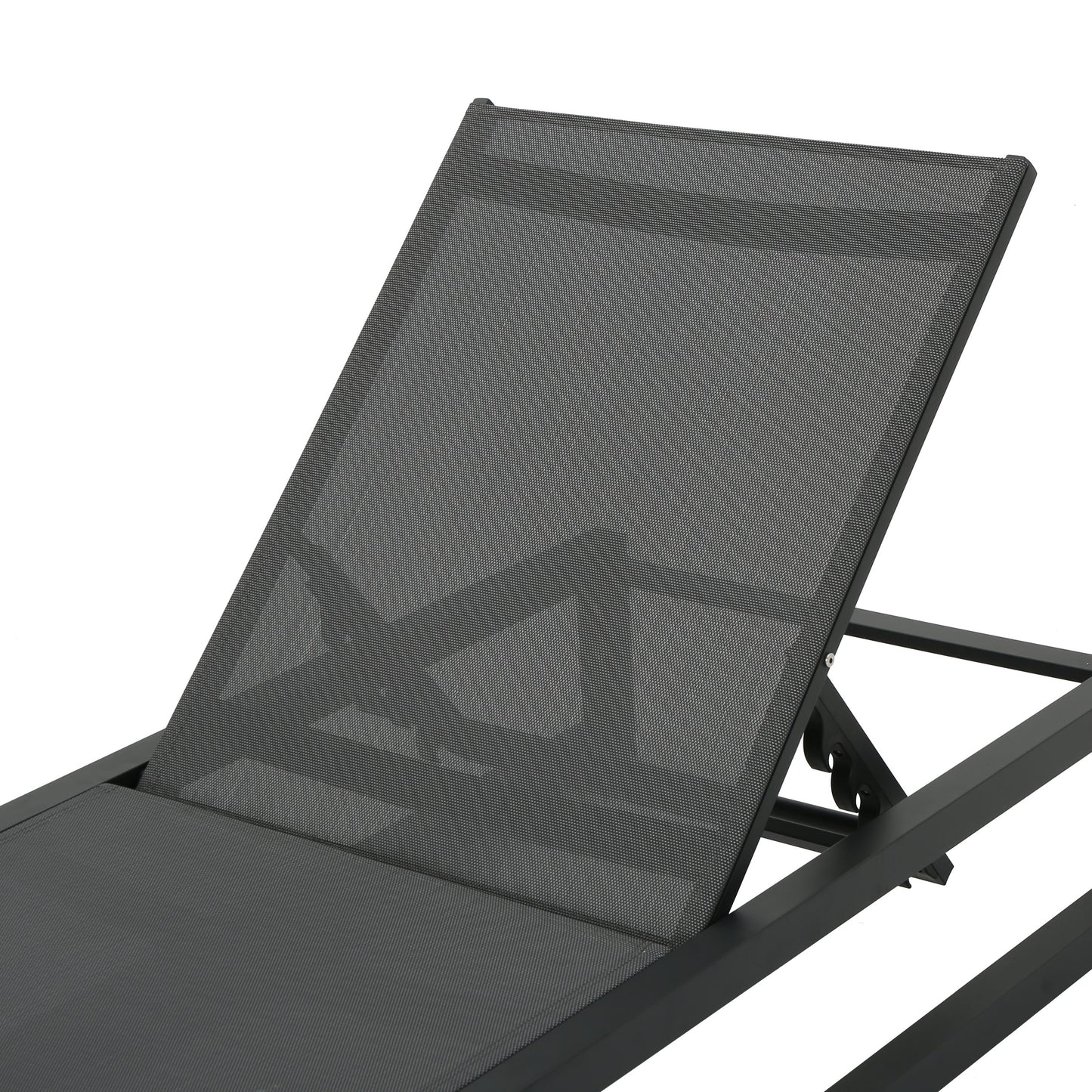 Adjustable grey mesh chaise lounge with black aluminum frame