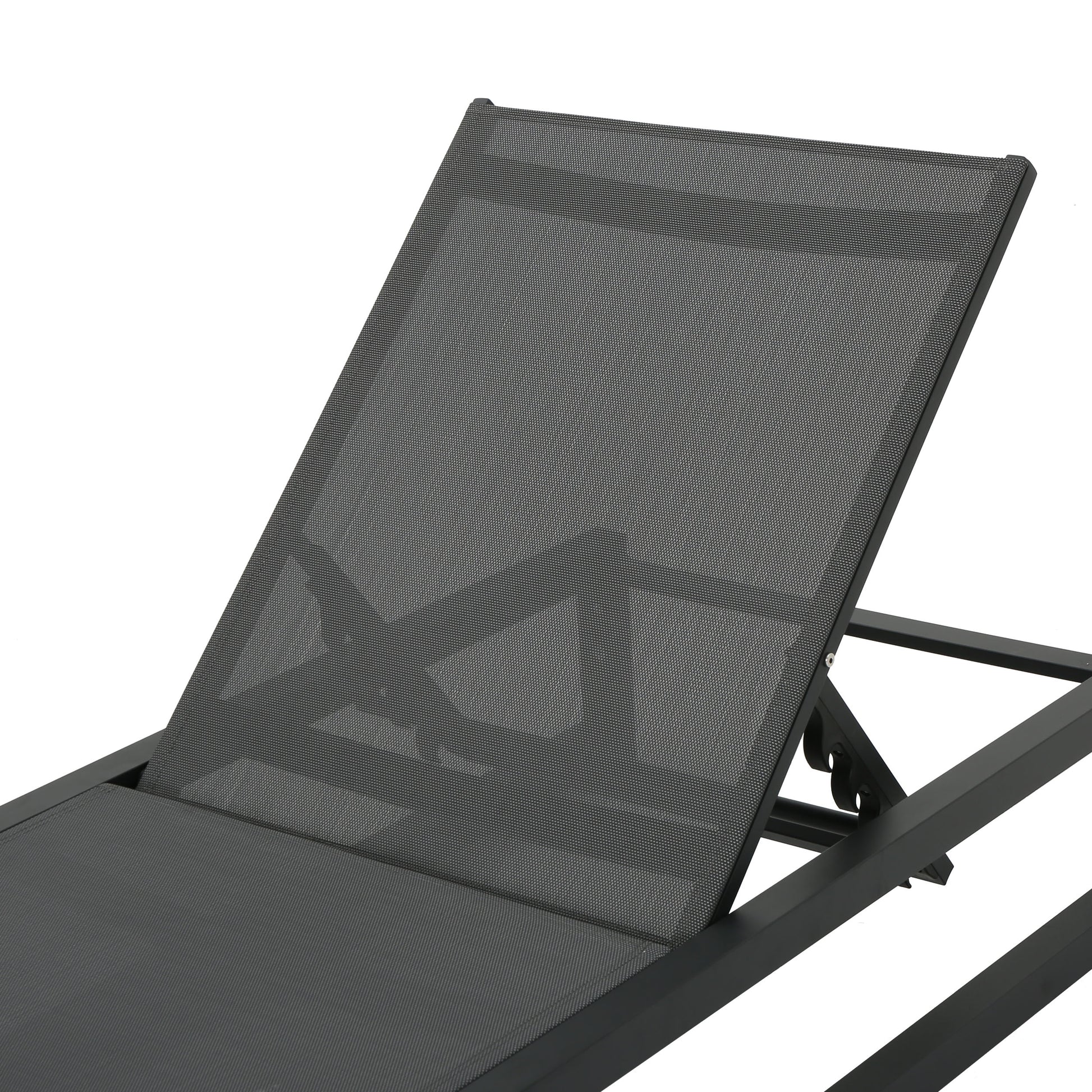 Adjustable grey mesh chaise lounge with black aluminum frame