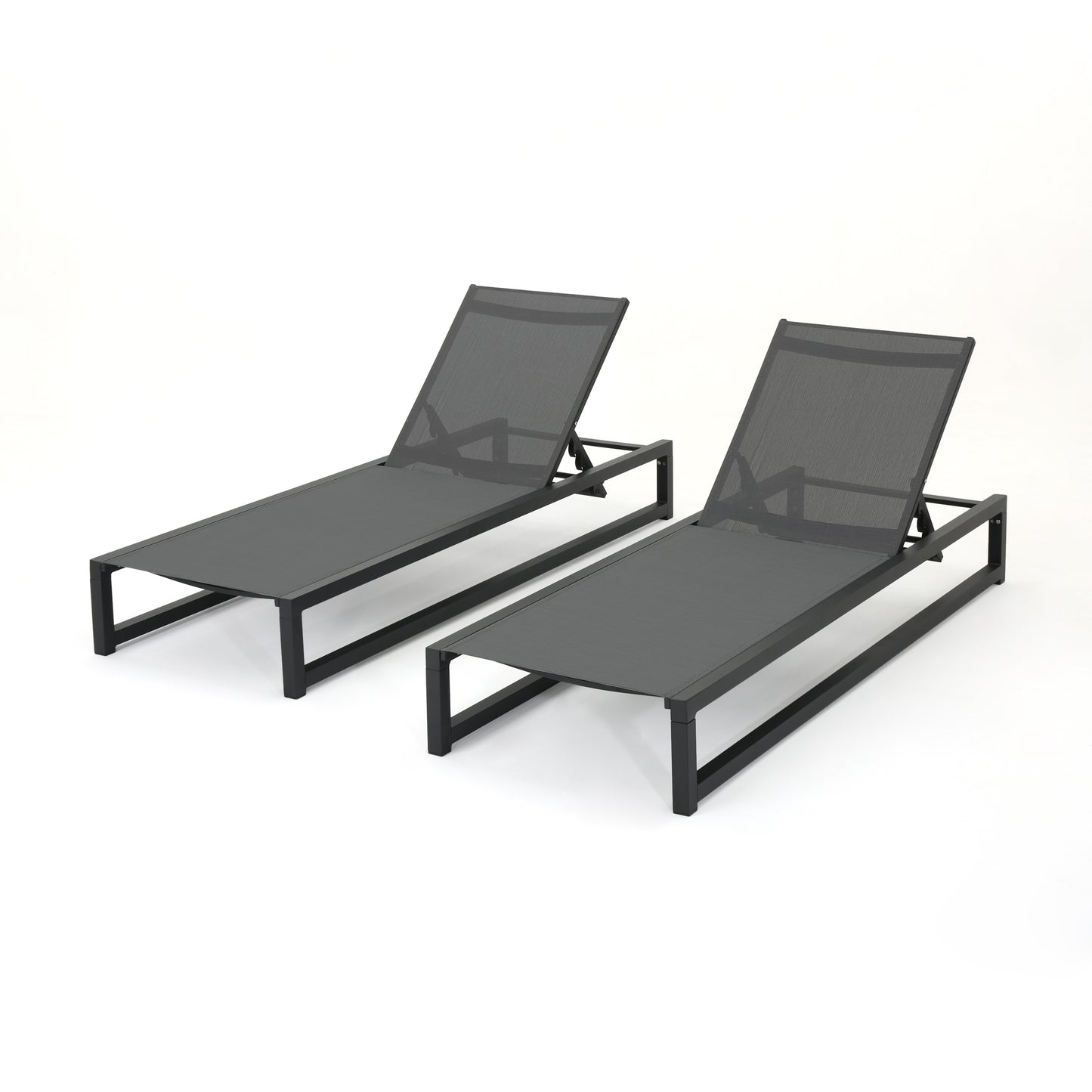 Pair of adjustable grey mesh chaise lounge chairs with black metal frames
