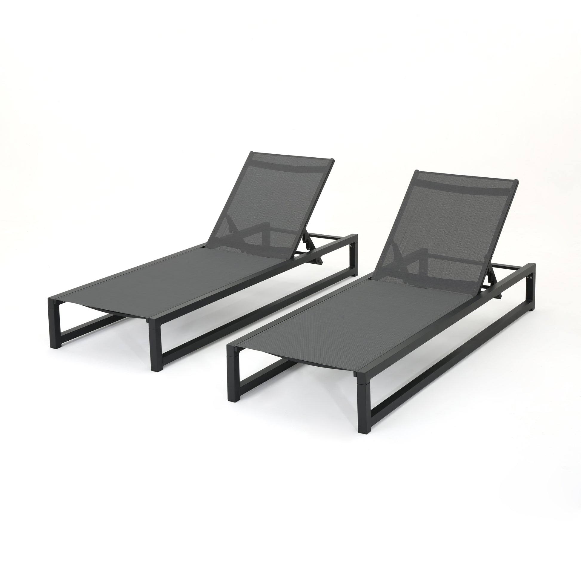 Pair of adjustable grey mesh chaise lounge chairs with black metal frames