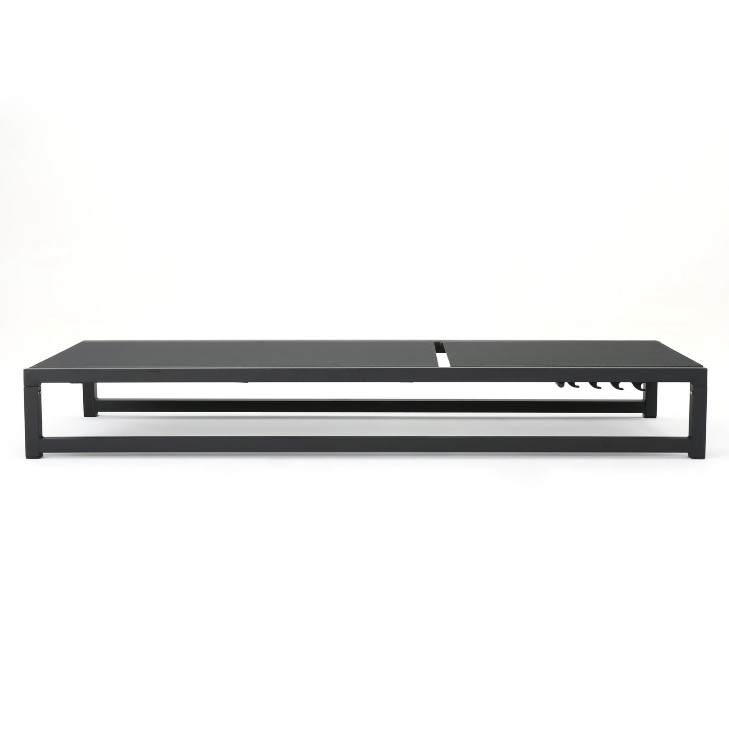 Sleek black metal coffee table with slatted top and minimalist frame
