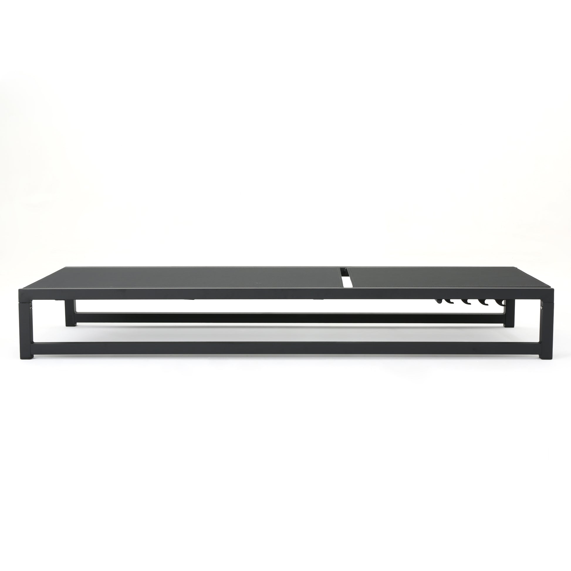 Sleek black metal coffee table with slatted top and minimalist frame