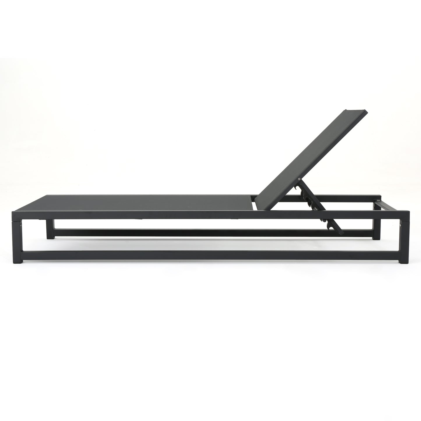 Black aluminum adjustable chaise lounge with dark gray mesh fabric