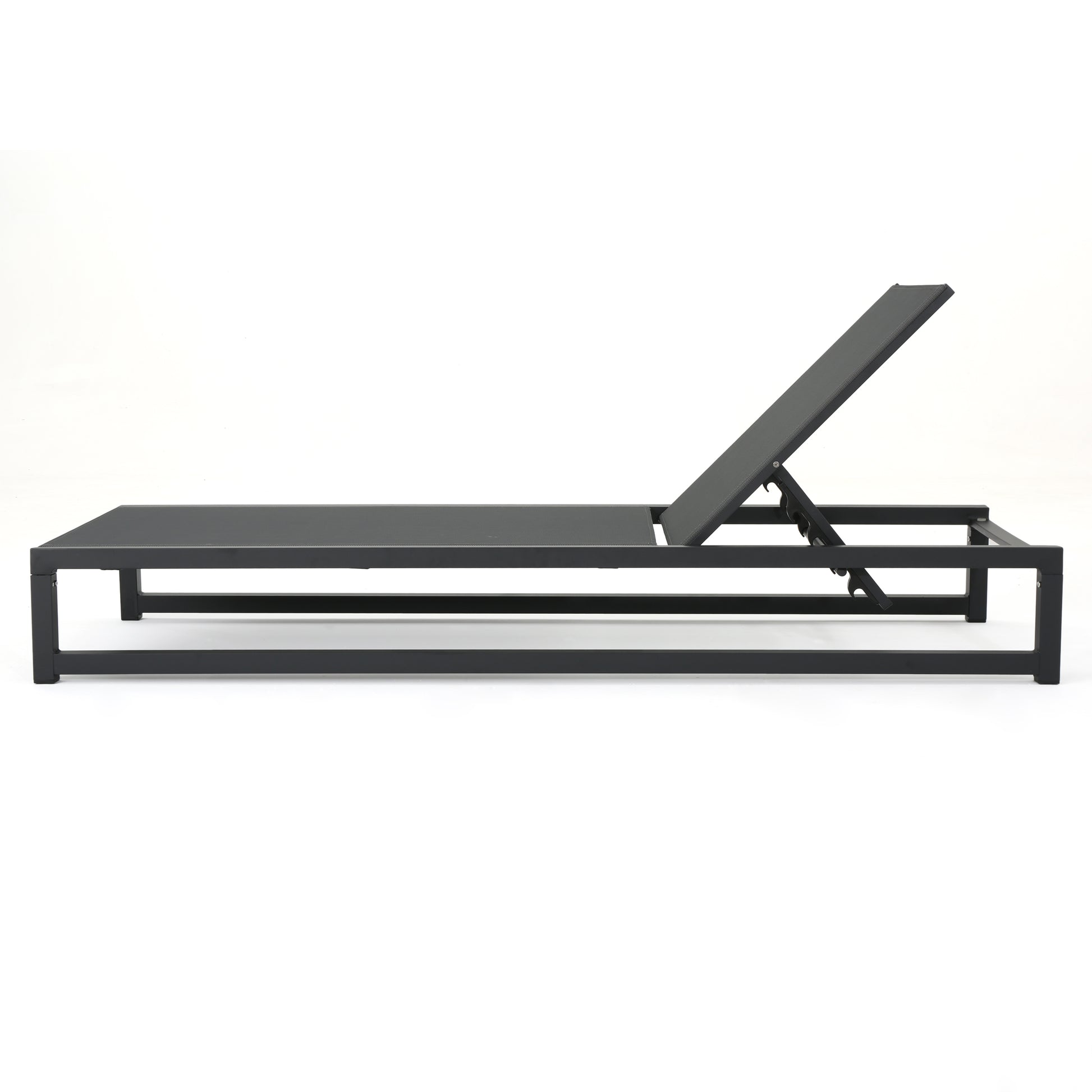 Black aluminum adjustable chaise lounge with dark gray mesh fabric