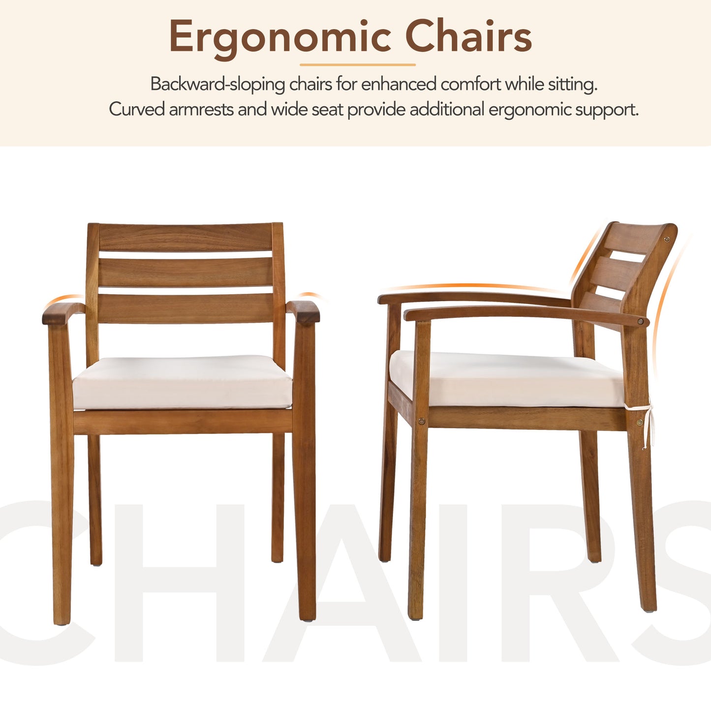 Wooden ergonomic chair with cream cushion and curved armrests
