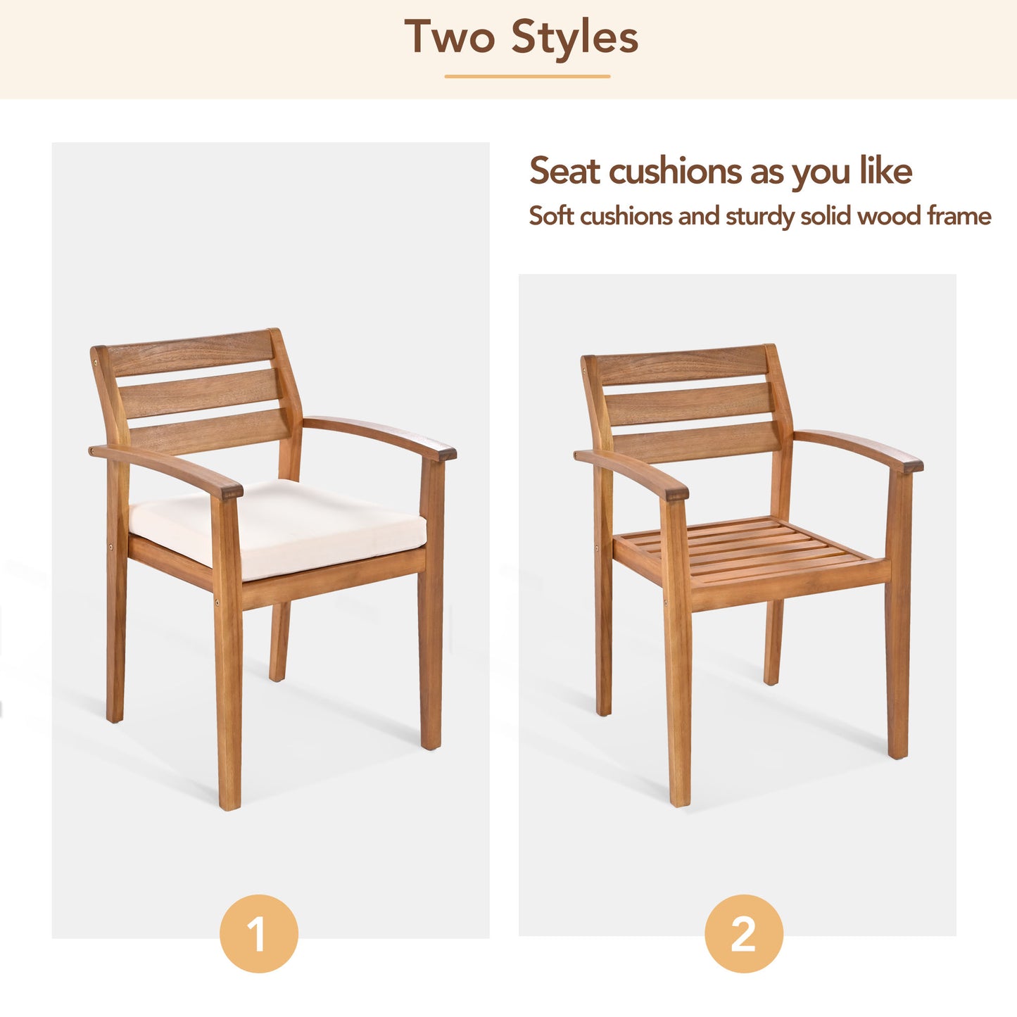 Wooden patio chair with cream cushion sturdy solid wood frame