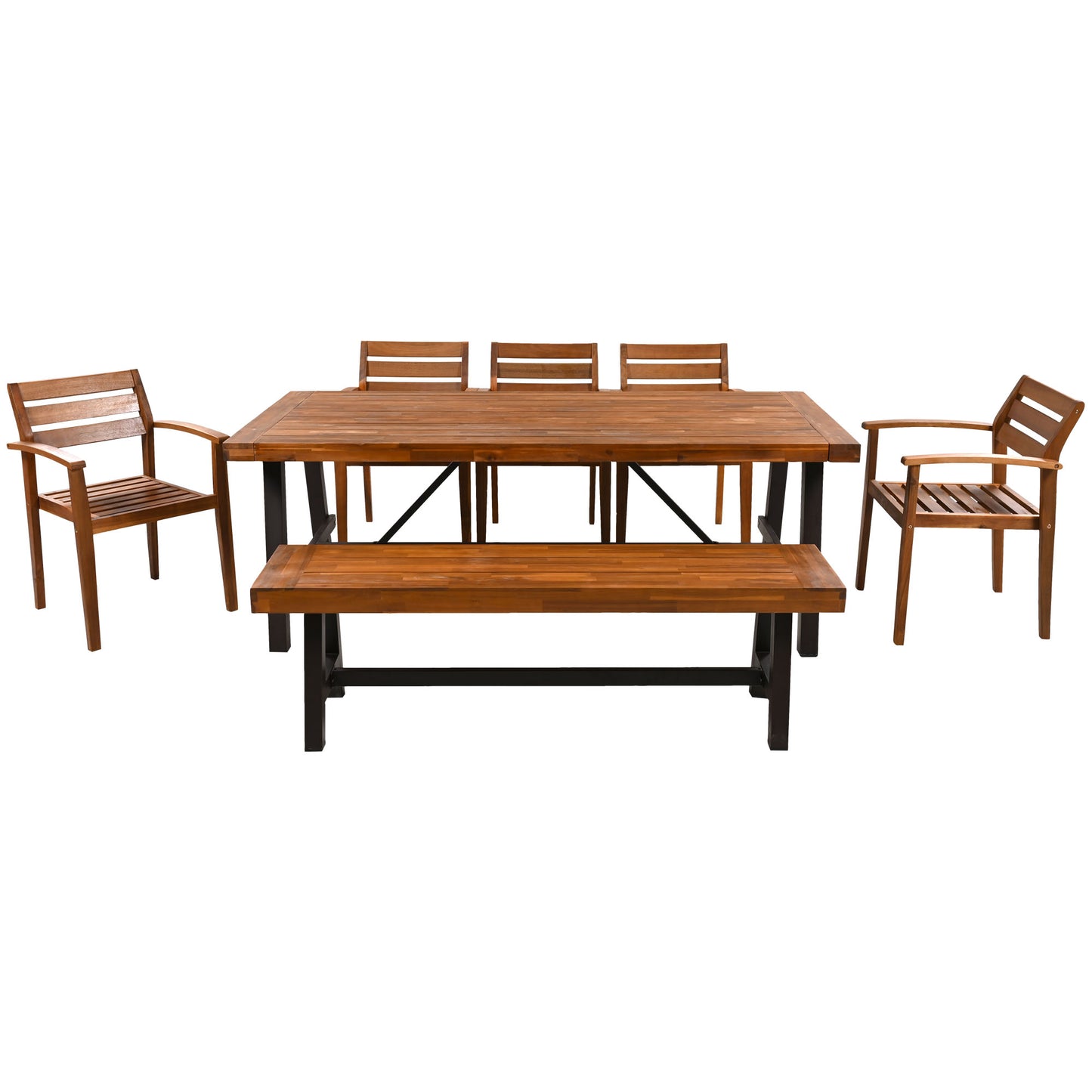 Wooden outdoor dining set with slatted chairs and bench